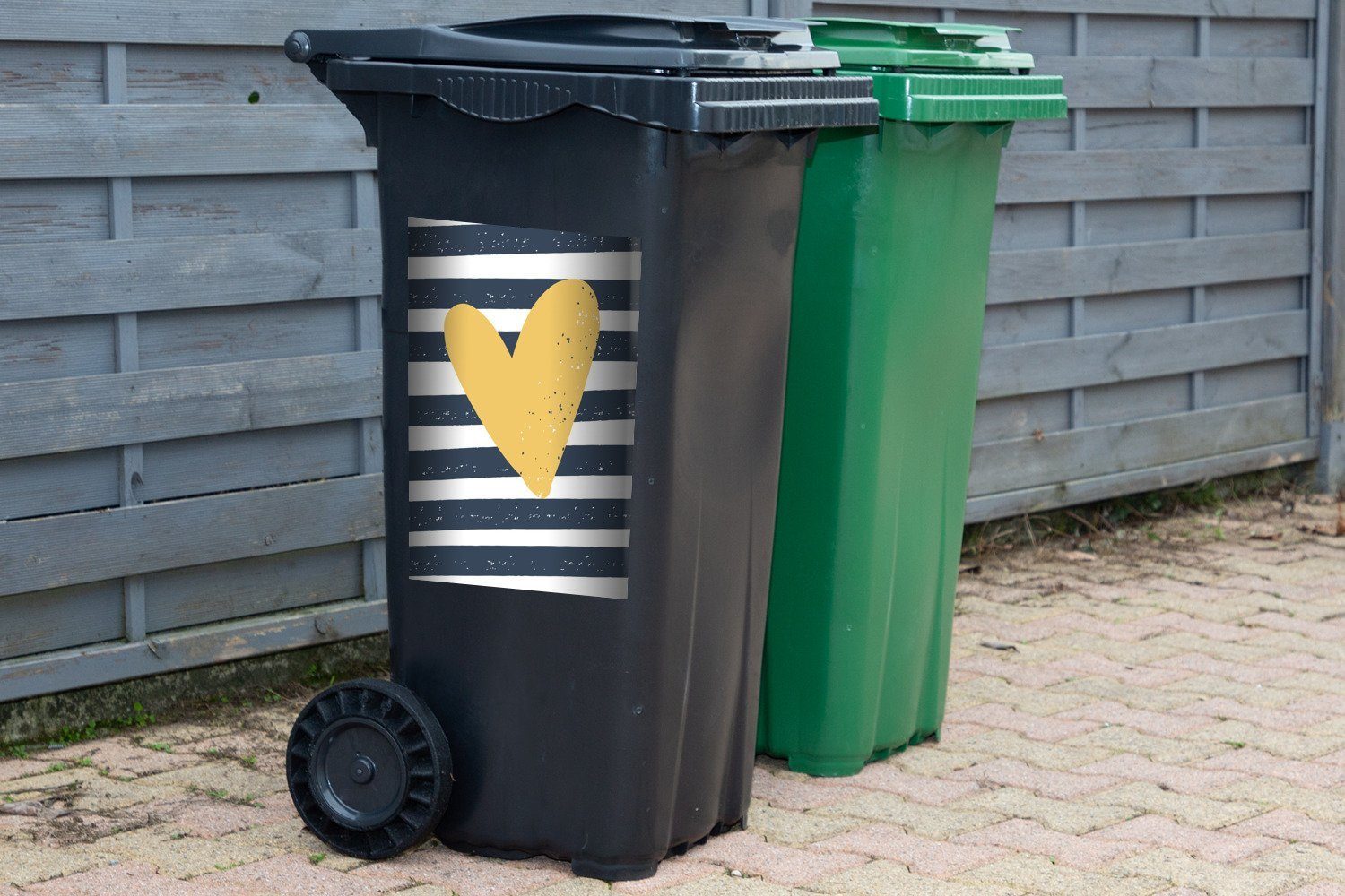Gelb Streifen Sticker, Wandsticker Kinder - Herz Container, (1 - Mülleimer-aufkleber, Abfalbehälter - St), Mülltonne, Illustration - MuchoWow