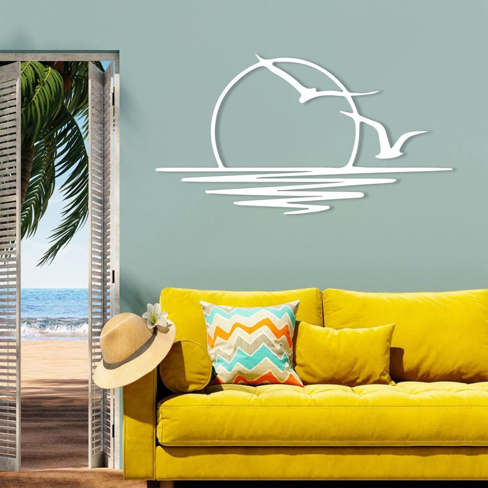 Jumpeak Wanddekoobjekt Sonne und Möwe Metall Kunst Wanddekor, Abstrakter Sonnenaufgang, Sonne, Metall,4 Farben,2 Modelle,Wanddekoration wohnzimmer,Linien