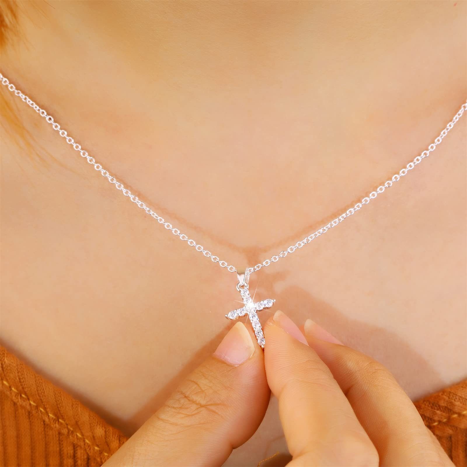 POCHUMIDUU Lange Kette Kreuzkette Silver für Zirkoniakette Kreuz mit Girls, Frauen