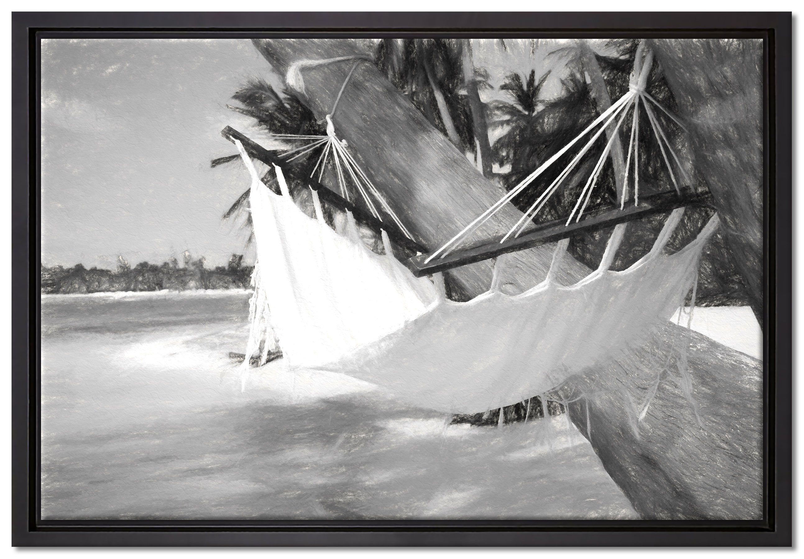 Pixxprint Leinwandbild Malediven - Palme Meer Strand, Wanddekoration (1 St), Leinwandbild fertig bespannt, in einem Schattenfugen-Bilderrahmen gefasst, inkl. Zackenaufhänger