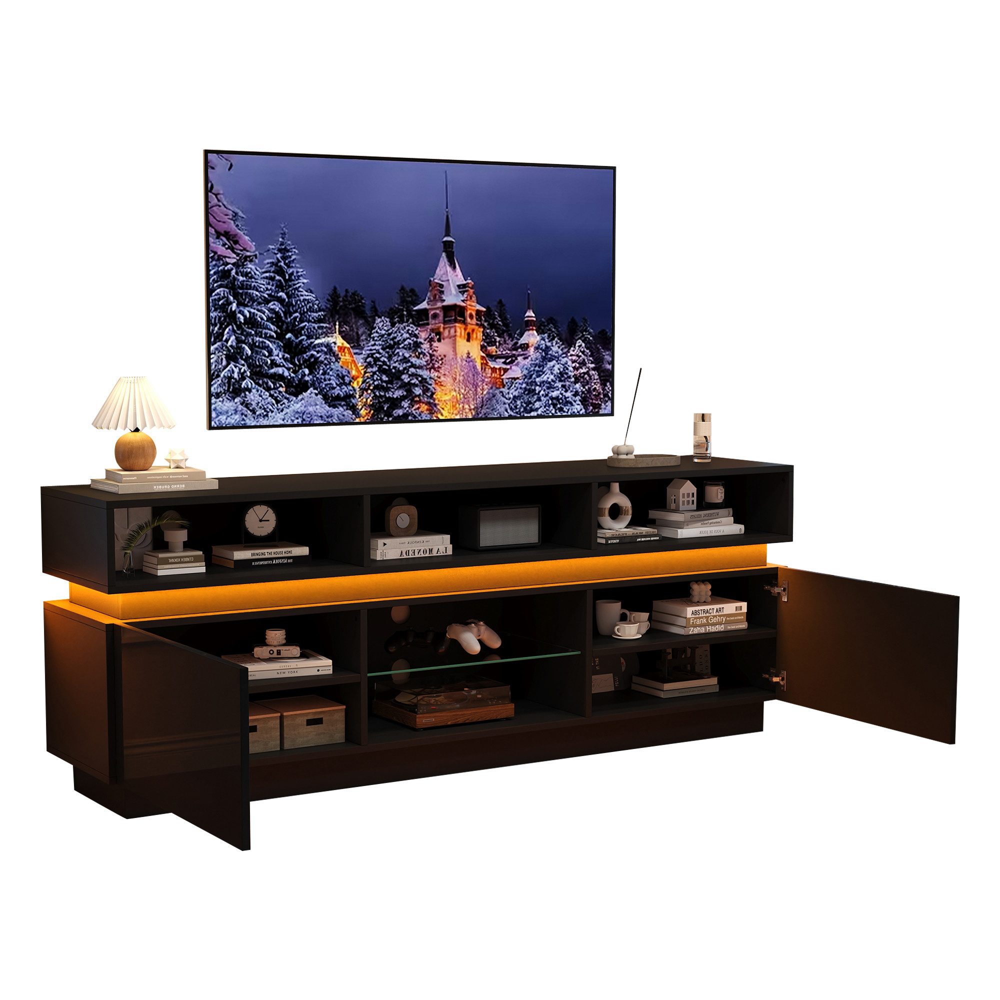 KLAM HOME Lowboard Weißer TV Lowboard 160cm mit LED & Glasablage (Hochglanz TV-Schrank für 60 Zoll mit 10 Fächern), Wohnzimmer TV-Ständer 160×35×60cm aus MDF