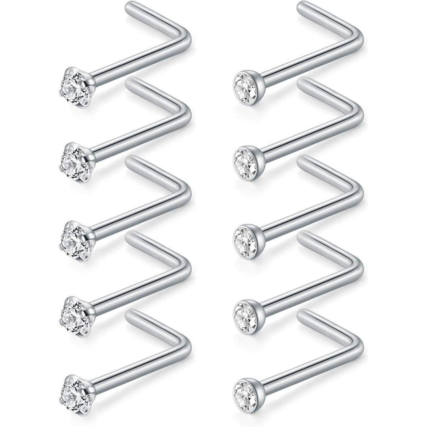 D.Bella Nasenpiercing Nasenstecker 18G Chirurgenstahl Zirconia 10er Set Silber Rosegold