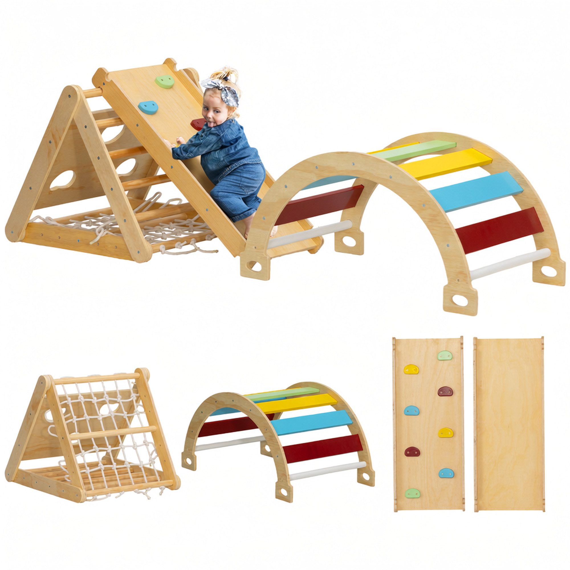 AIYAPLAY Klettergerüst Kletterbogen, Rutsche, Rampe, Kletternetz, Kletterstein, (7 in 1 Kletterdreieck, 1-St., Indoor Spielplatz aus Holz), für Kinder von 1,5-4 Jahre, Mehrfarbig