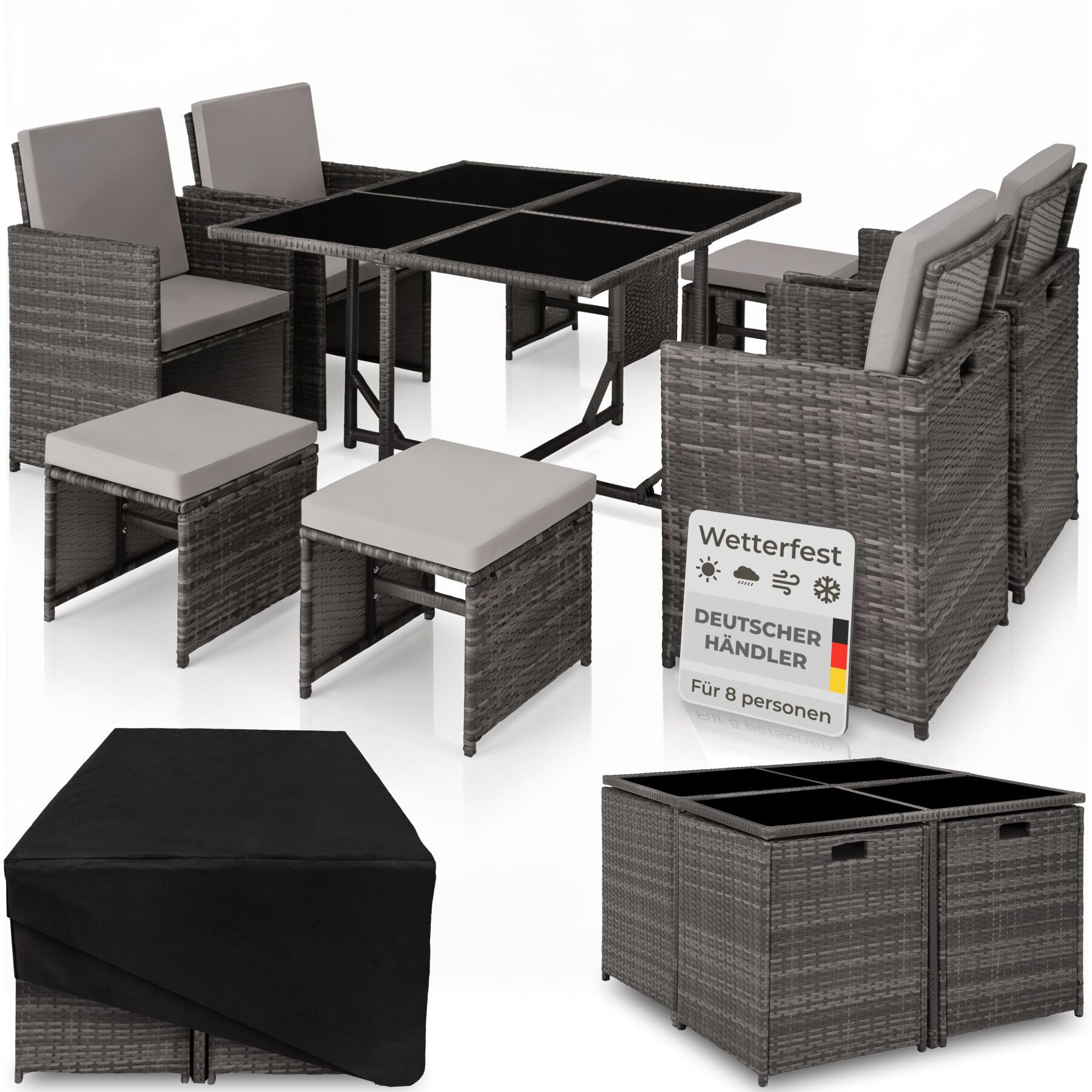 tectake Sitzgruppe Rattan Lounge Bilbao mit Schutzhülle und Polstern, (Rattan Gartenmöbel Set Bilbao, 9-tlg., in Grad), Tisch mit 4 Glasplatten, alle Bezüge abnehmbar