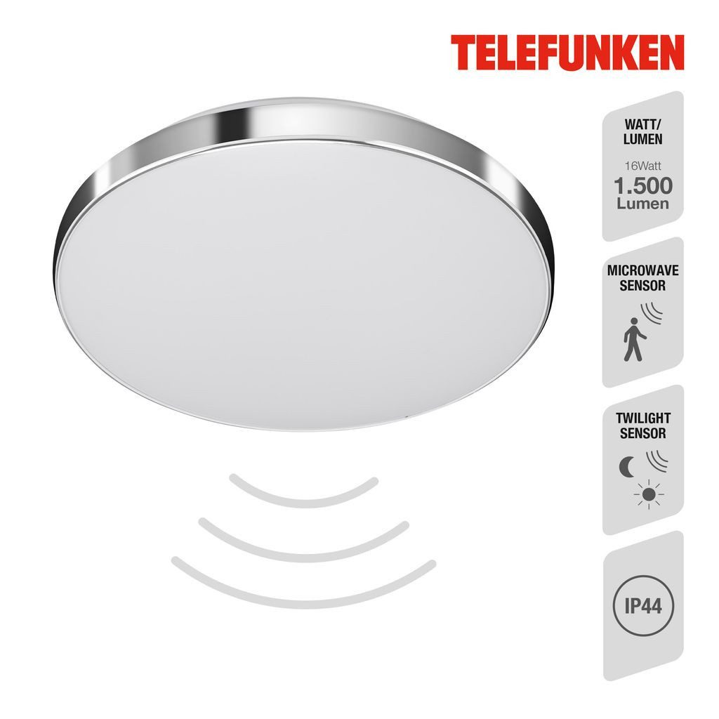 Telefunken LED Deckenleuchte 318408TF, Leuchtdauer einstellbar, LED fest integriert, 2700K - Extra-Warmweiß, Deckenleuchte Sensor 16W 1500lm 4000K Ø 29cm
