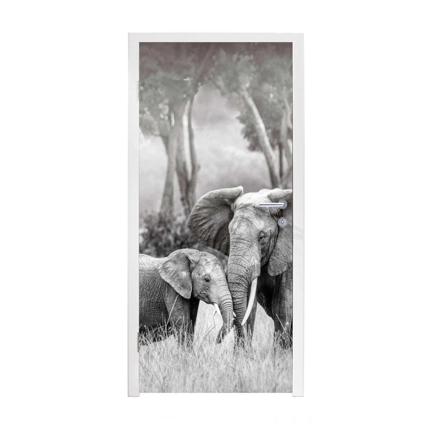 MuchoWow Türtapete Elefant - Tiere bedruckt, - (1 Schwarz weiß, und Matt, 75x205 für Natur Fototapete St), Tür, cm - Türaufkleber