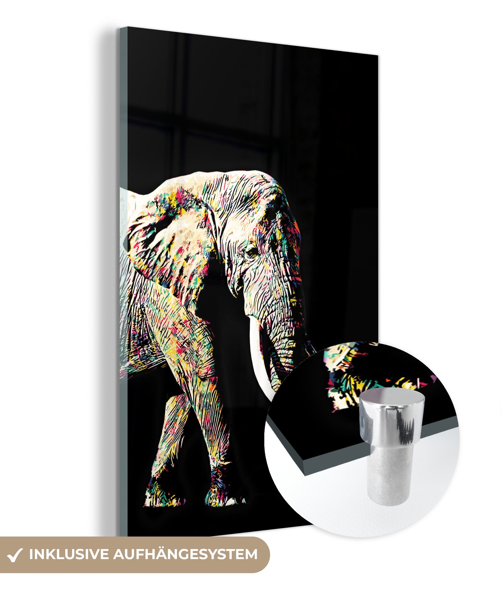 MuchoWow Acrylglasbild Elefant - Schwarz - Farben, (1 St), Glasbilder - Bilder auf Glas Wandbild - Foto auf Glas - Wanddekoration bunt