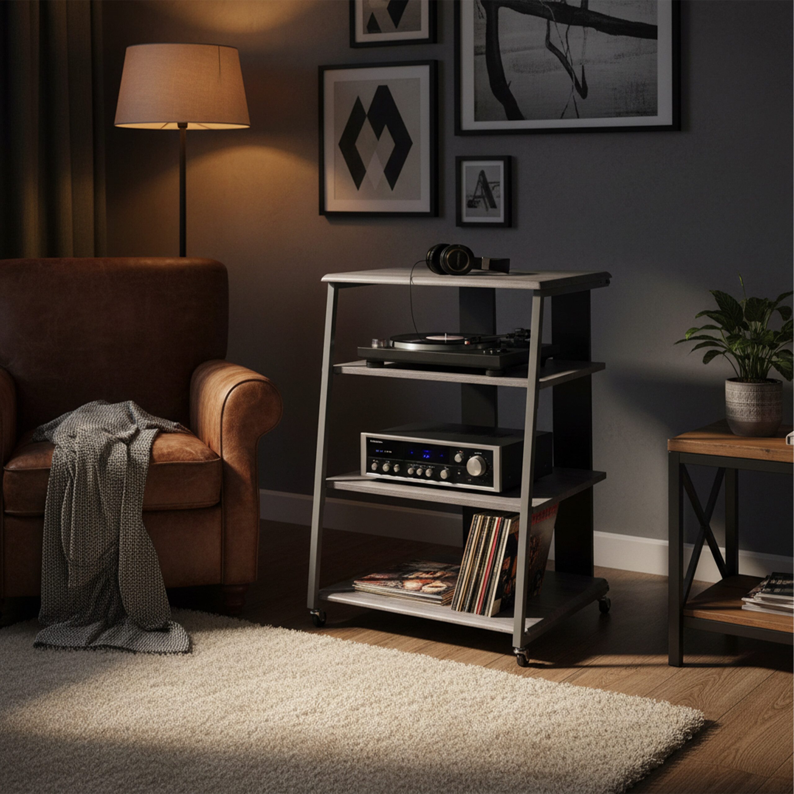 relaxdays Standregal Hifi Rack mit 4 Ablagen, grau