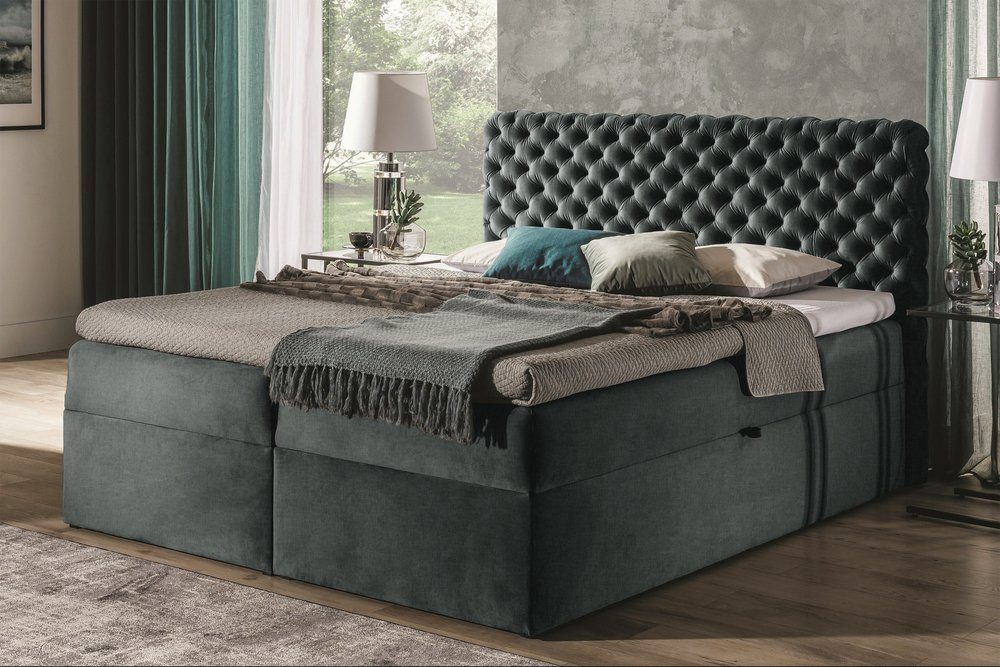 99rooms Boxspringbett Angelo (Schlafzimmerbett, Bett), mit Taschenfederkern Matratze, Topper, Bettkasten, Kopfteil gepolstert