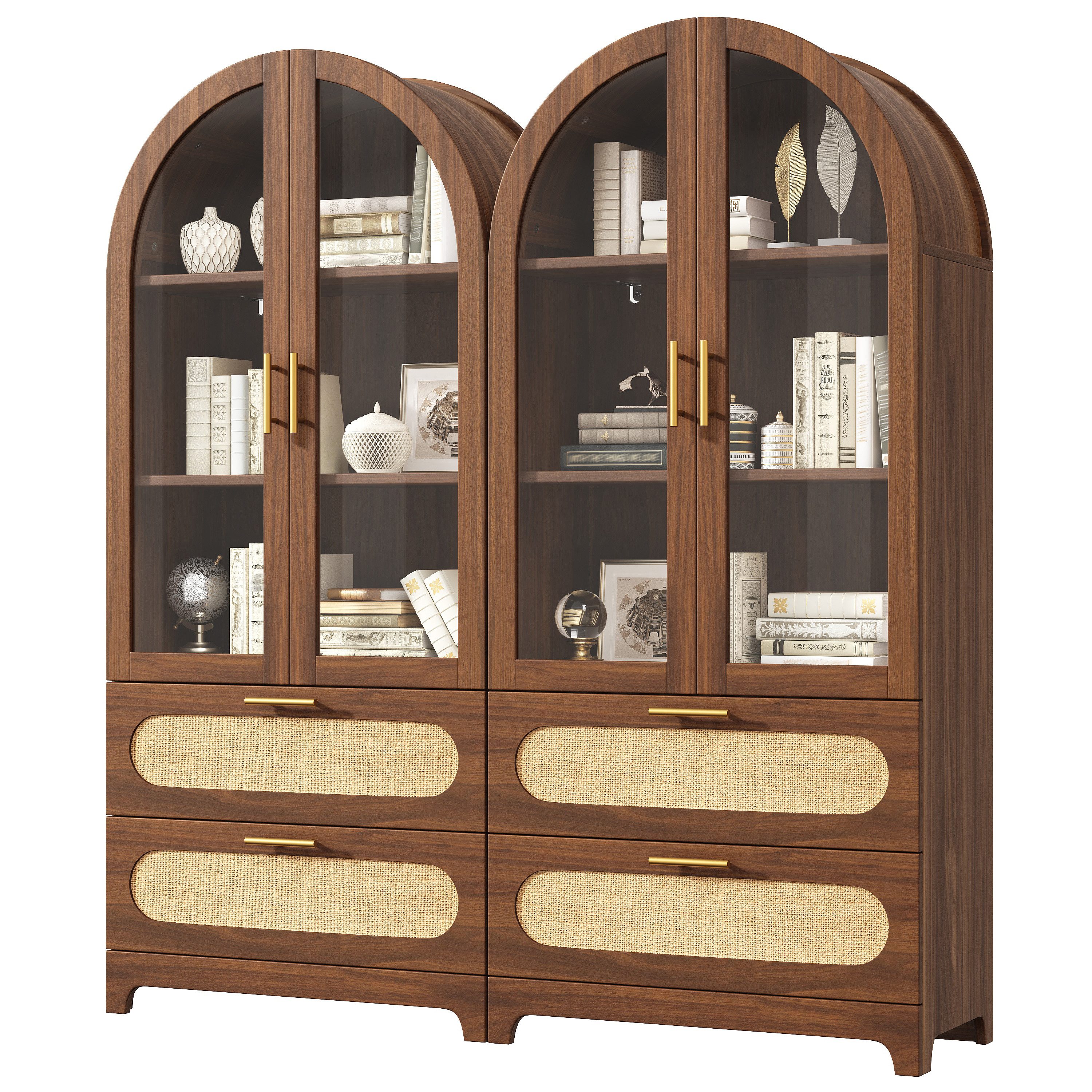 Flieks Vitrine Glasvitrine Montmartre-Bogen in Retro-Design Walnussholzfarbe/Natur (Mehrzweckschrank mit verstellbaren Einlegeböden, 2-St., H175xB80xT40cm) Hoch – Bild 3 von 5