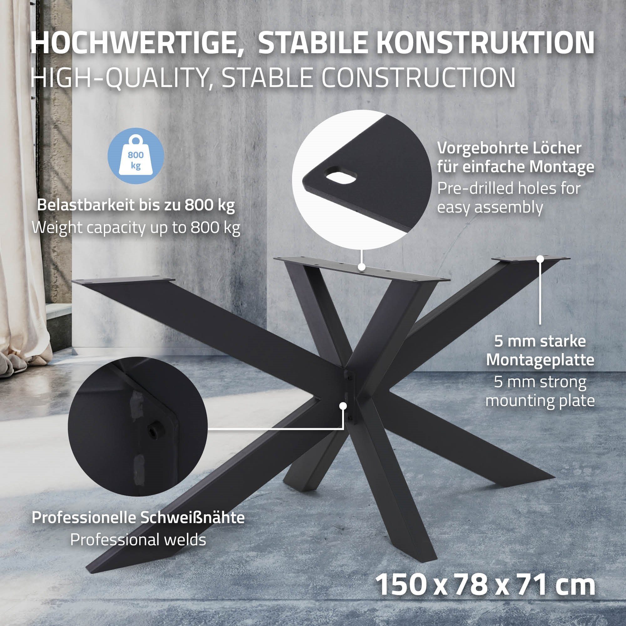 Stahl Schwarz Tischkufen, Industriedesign 78x71x150cm Kreuzgestell Tischbeine X-Design Schwerlast Tischgestell Spider DIY Tischbein Esstisch ML-DESIGN