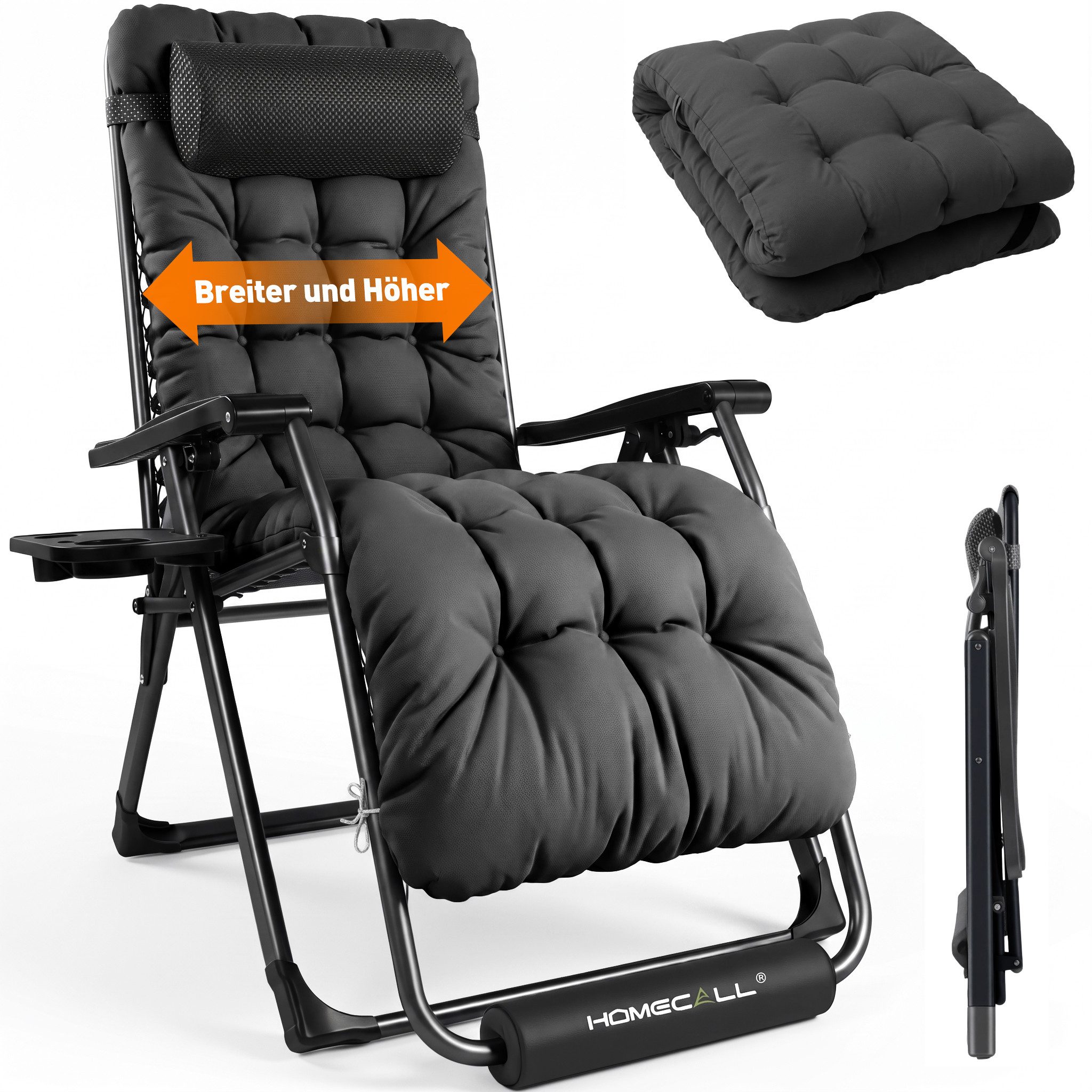 HOMECALL Gartenliege Sonnenliege Klappbar, Liegestuhl mit Weiches Kissen,groß Campingstuhl, XXL Extra breiter Zero Gravity Stuhl, 1 St., bis 180 KG, für Garten Terrasse Balkon