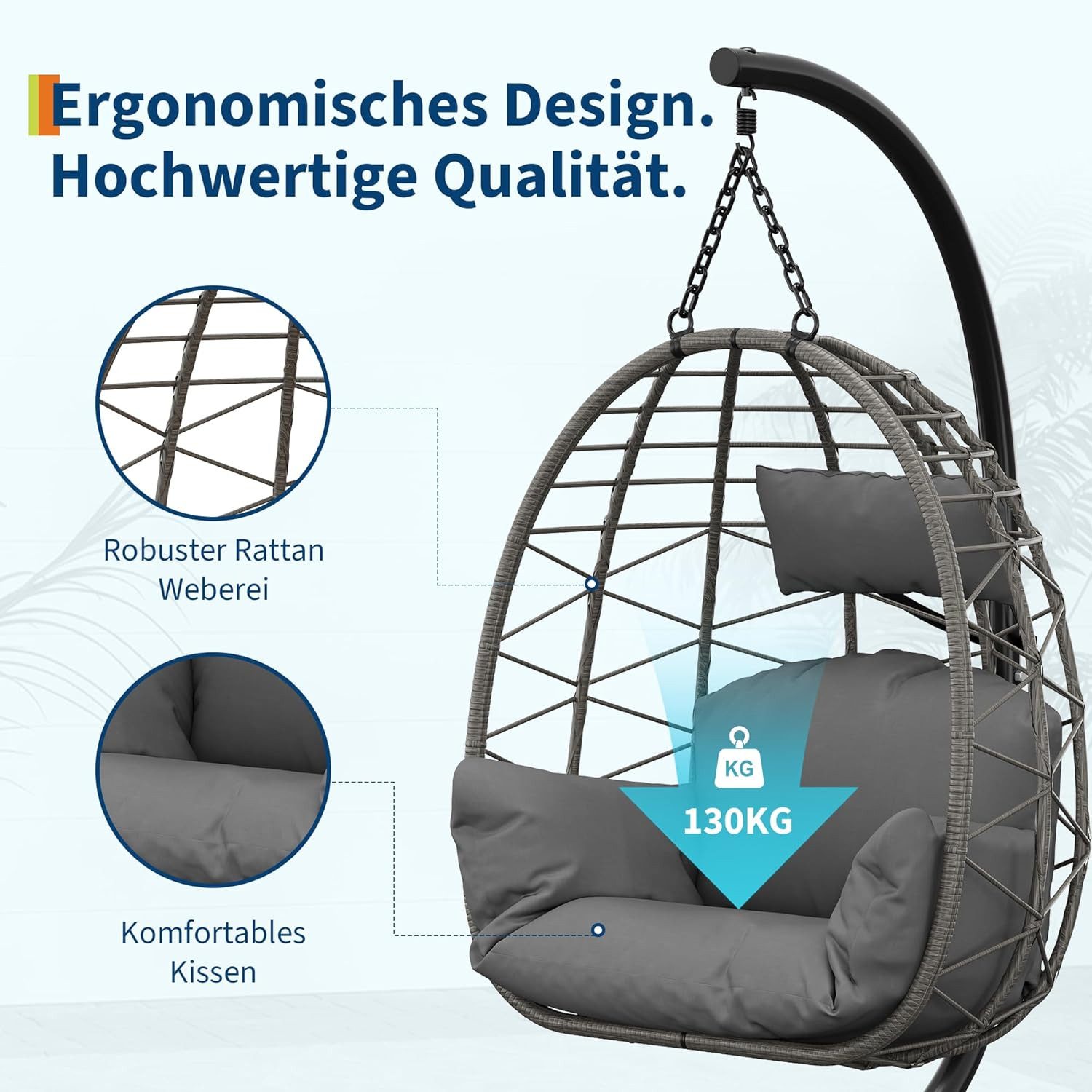GarveeMore Hängesessel mit Gestell für Outdoor & Indoor,Polster & Schutzabdeckung, Rattan Hängestuhl mit Stahlgestell,bis 150 kg belastbar