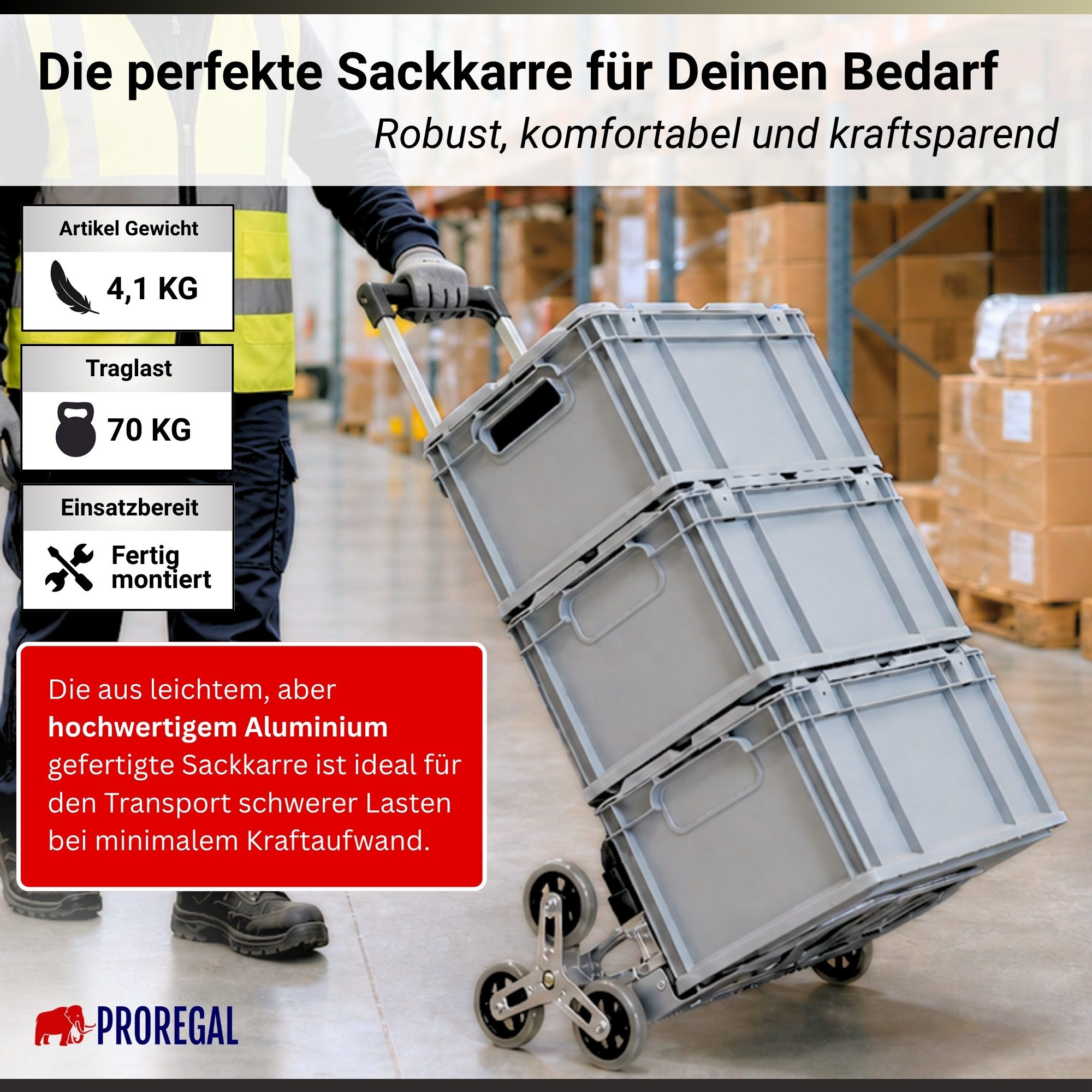 PROREGAL® Sackkarre ELEPHANT mit Profi-Alu-Rahmen klappbar ergonomisch Vollgummibereifung, Klappbare Sackkarre Transportkarre Staplerkarre hohe Traglast – Bild 2 von 5