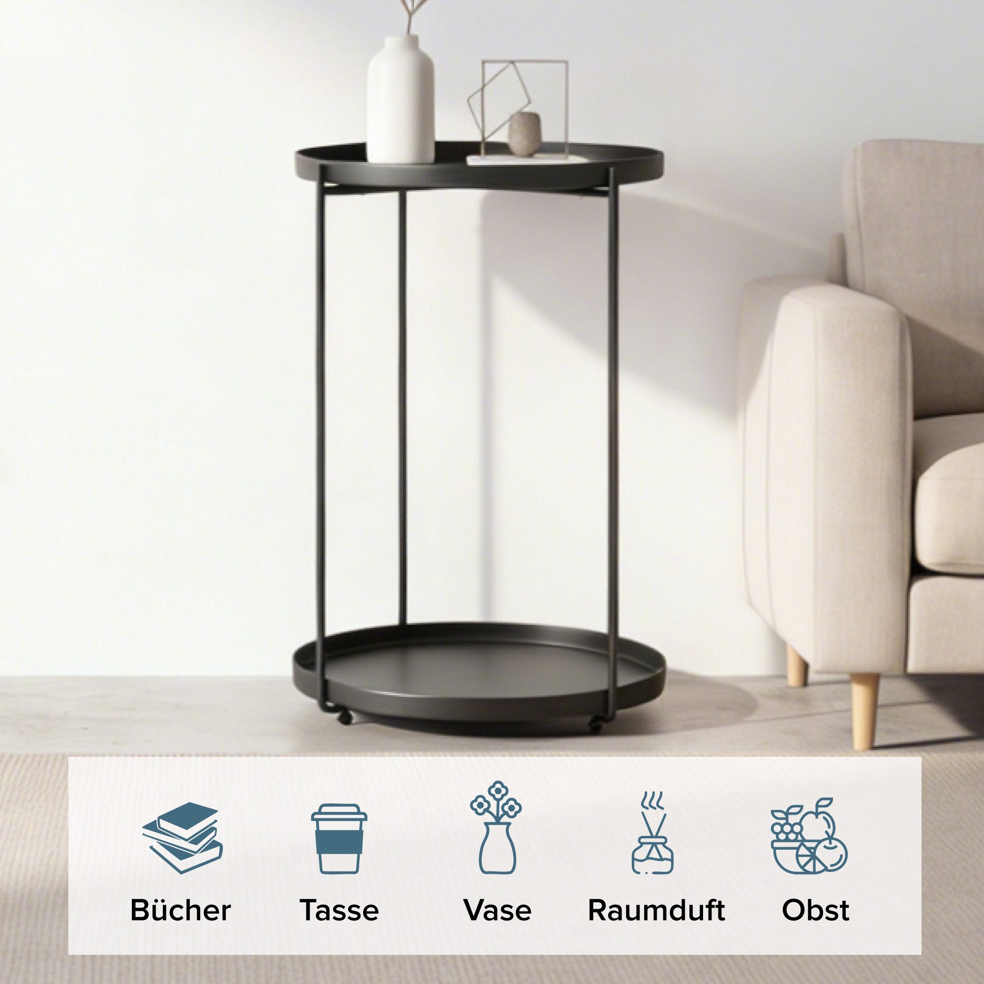 doporro Beistelltisch Couchtisch kleiner Tisch mit 1/2 geflochtenen Ablagen rund Reglo-08, Zwei Materialien zur Auswahl – Bild 4 von 5