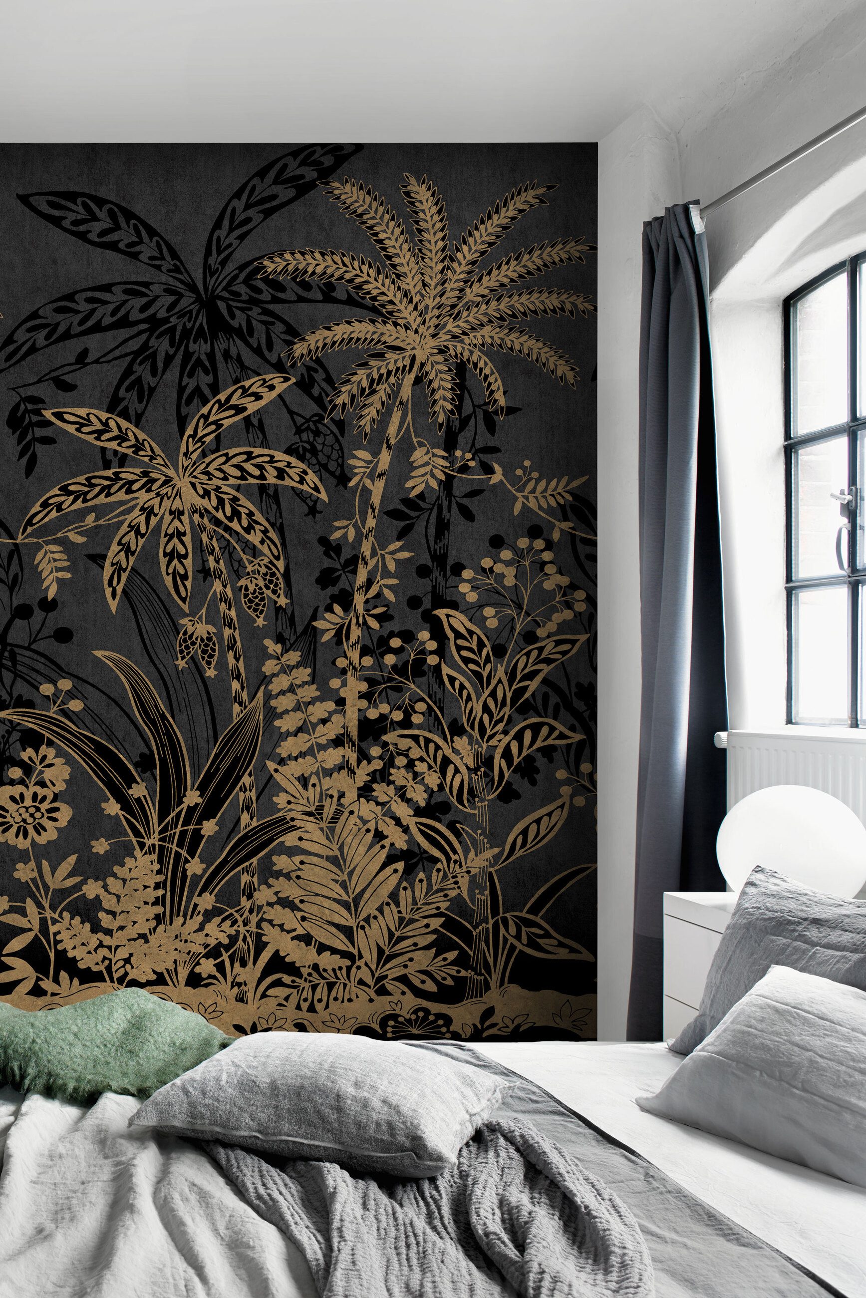 Rasch Fototapete Palmen, tropische Blätter in Gold und Schwarz - 3,00m x 2,00m, glatt, Palmen, exotisch, Dschungel, tropisch, botanisch, (1 St), Dschungel