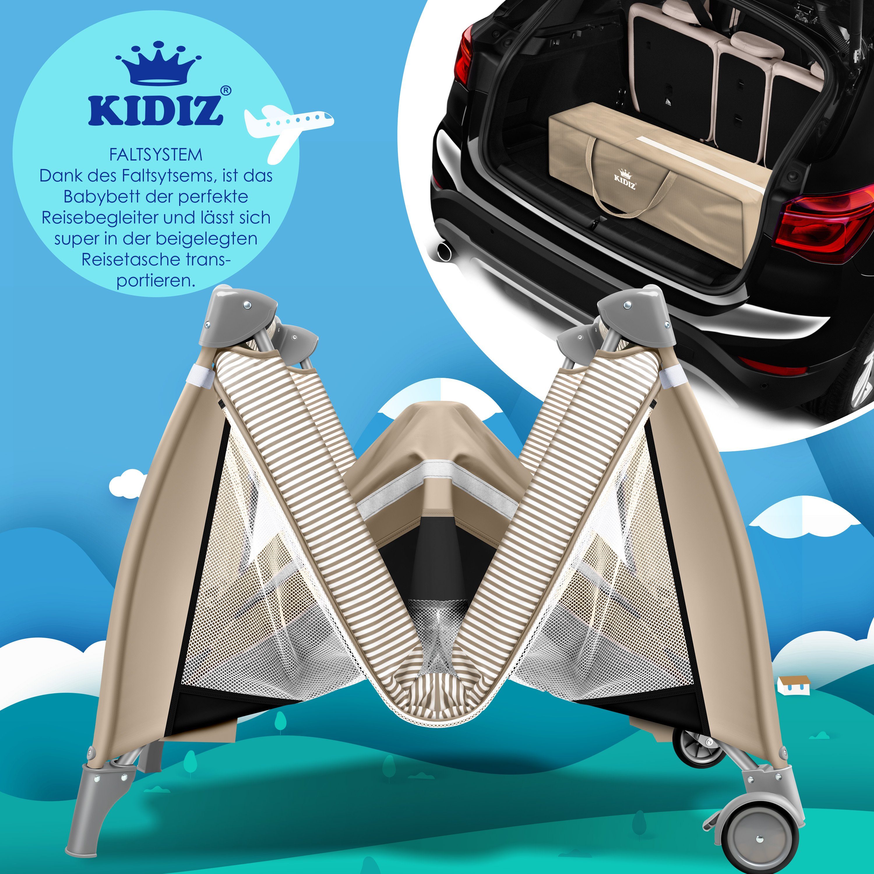 Kidiz 3-in-1 Baby-Reisebett – Mit Wickelauflage, Moskitonetz & Tragetasche