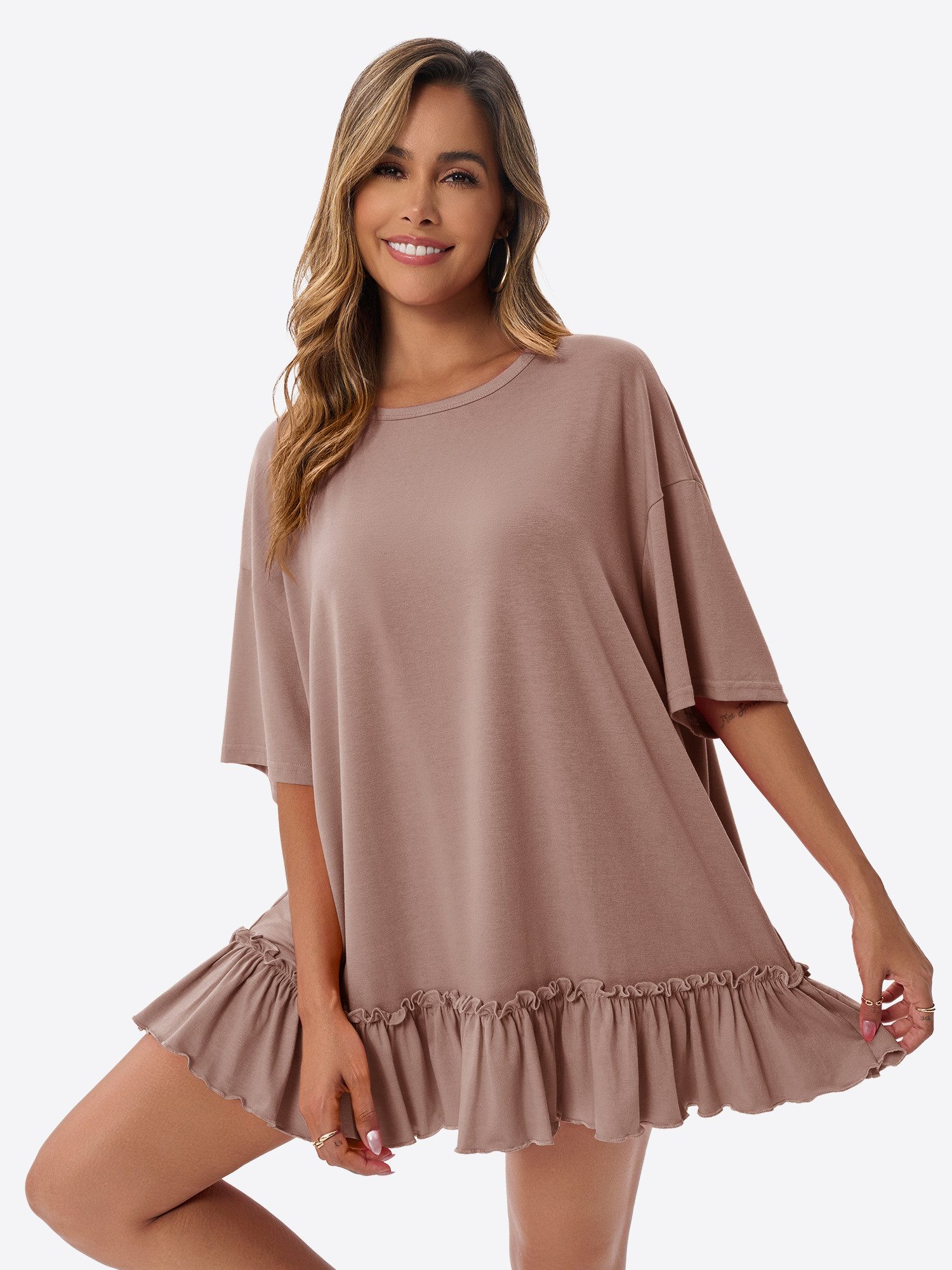 Imily Bela Shirtkleid Damen mit Rüschen Rundhals Oversize Sommer Strand Tunika (Packung, 1-tlg., 1per-Pack) mit Rundhalsausschnitt in Unifarbe