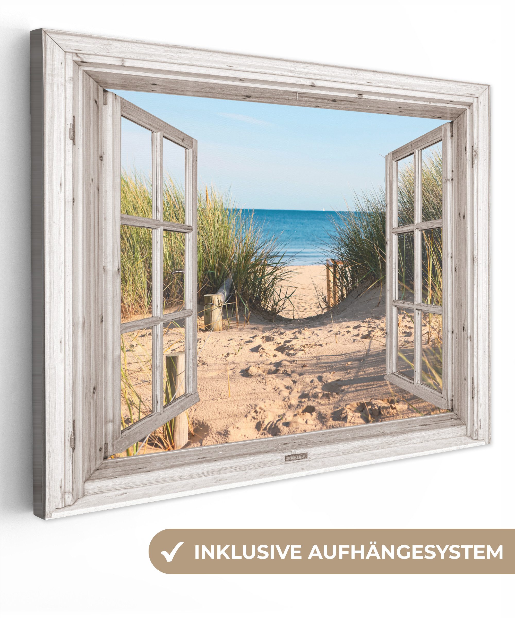 OneMillionCanvasses® Leinwandbild Durchblick - Strand - Meer - Dünen - Sand - Wasser - Hochgras, Fotodruck (1 St), Wandbild Leinwandbilder, Aufhängefertig, Wanddeko 40x30 cm