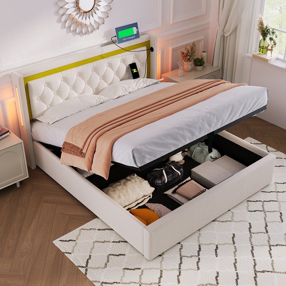 Polsterbett (140x200cm Doppelbett mit Lattenrost, LED-Beleuchtung und Matratze), Stauraumbett mit USB Typ C Ladefunktion Kopfteil, Baumwolle-Leinen