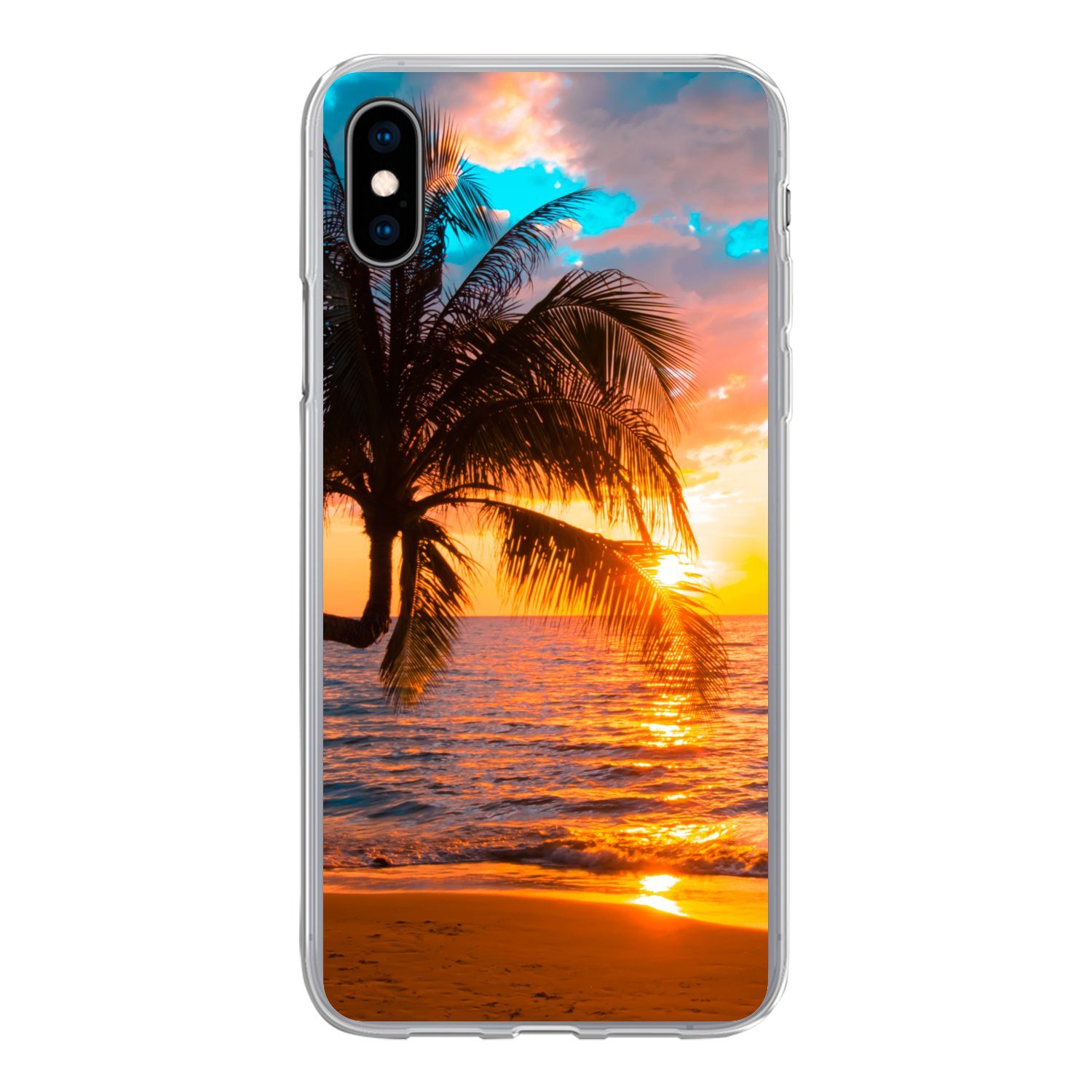 MuchoWow Handyhülle für Apple iPhone XS Palme - Sonnenuntergang - Horizont - Strand - Meer, Smartphone-Bumper, Print, Handy Schutzhülle Dünn