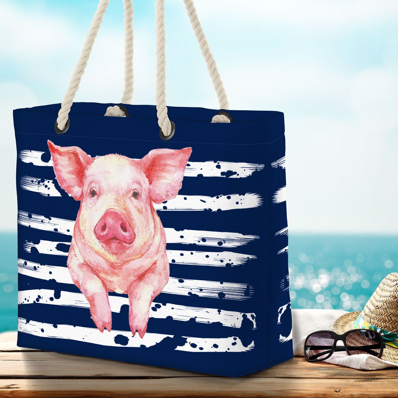 VOID Strandtasche Schwein pig Babe marineblau (1-tlg), Bauernhof Ferkel Tier