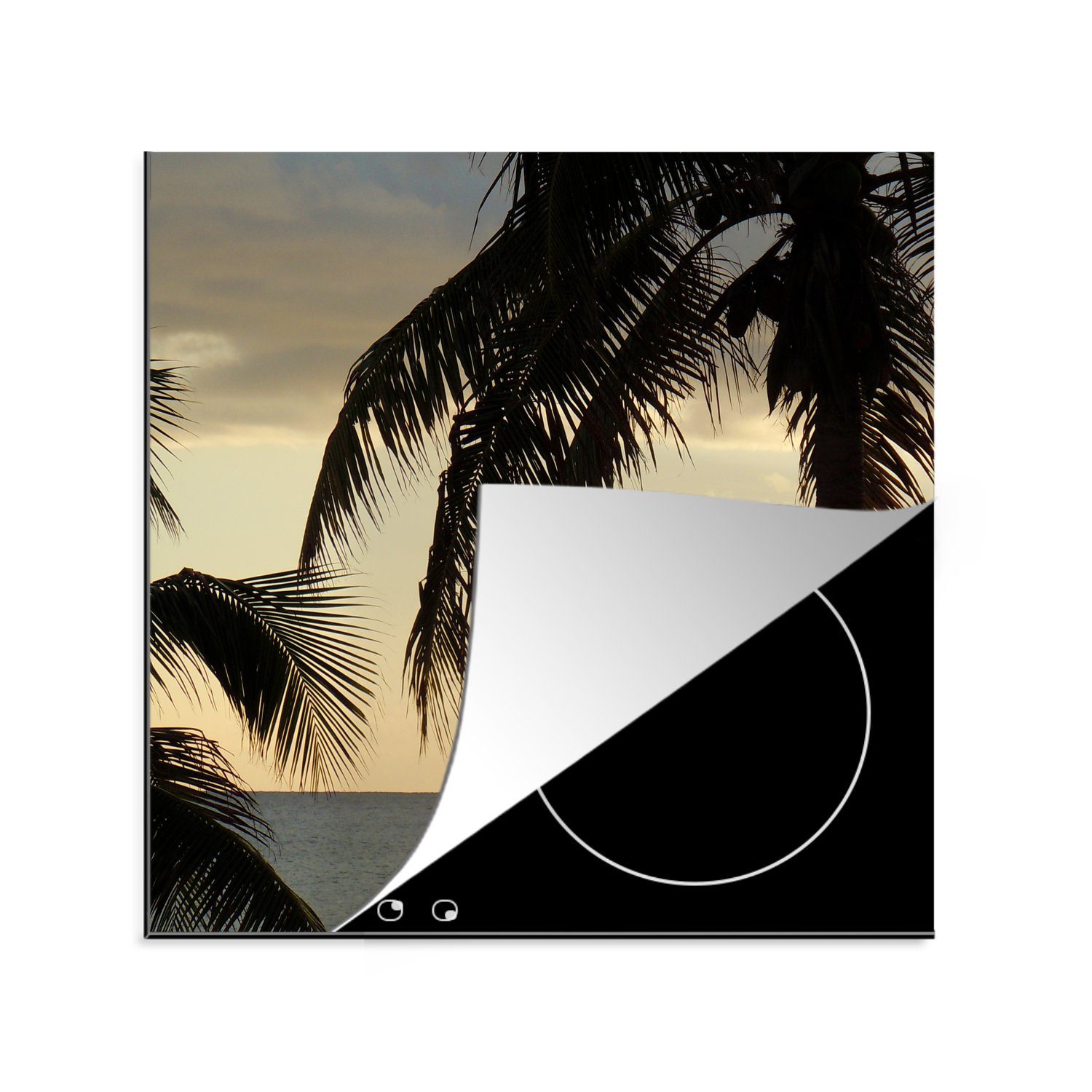 MuchoWow Herdblende-/Abdeckplatte Silhouetten von Palmen und ein schönes Schiff im Hintergrund auf Grand, Vinyl, (1 tlg), 78x78 cm, Ceranfeldabdeckung, Arbeitsplatte für küche
