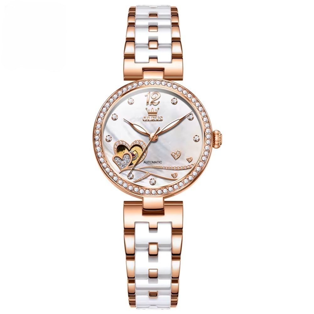 OLEVS Automatikuhr OLEVS Automatik Damenuhr Rosegold & Weiß Keramik, Herz-Design 7086