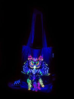 PSYWORK Tragetasche Schwarzlicht Stoffbeutel Tragetasche Neon "Sentymo Owl", UV-aktiv, leuchtet unter Schwarzlicht