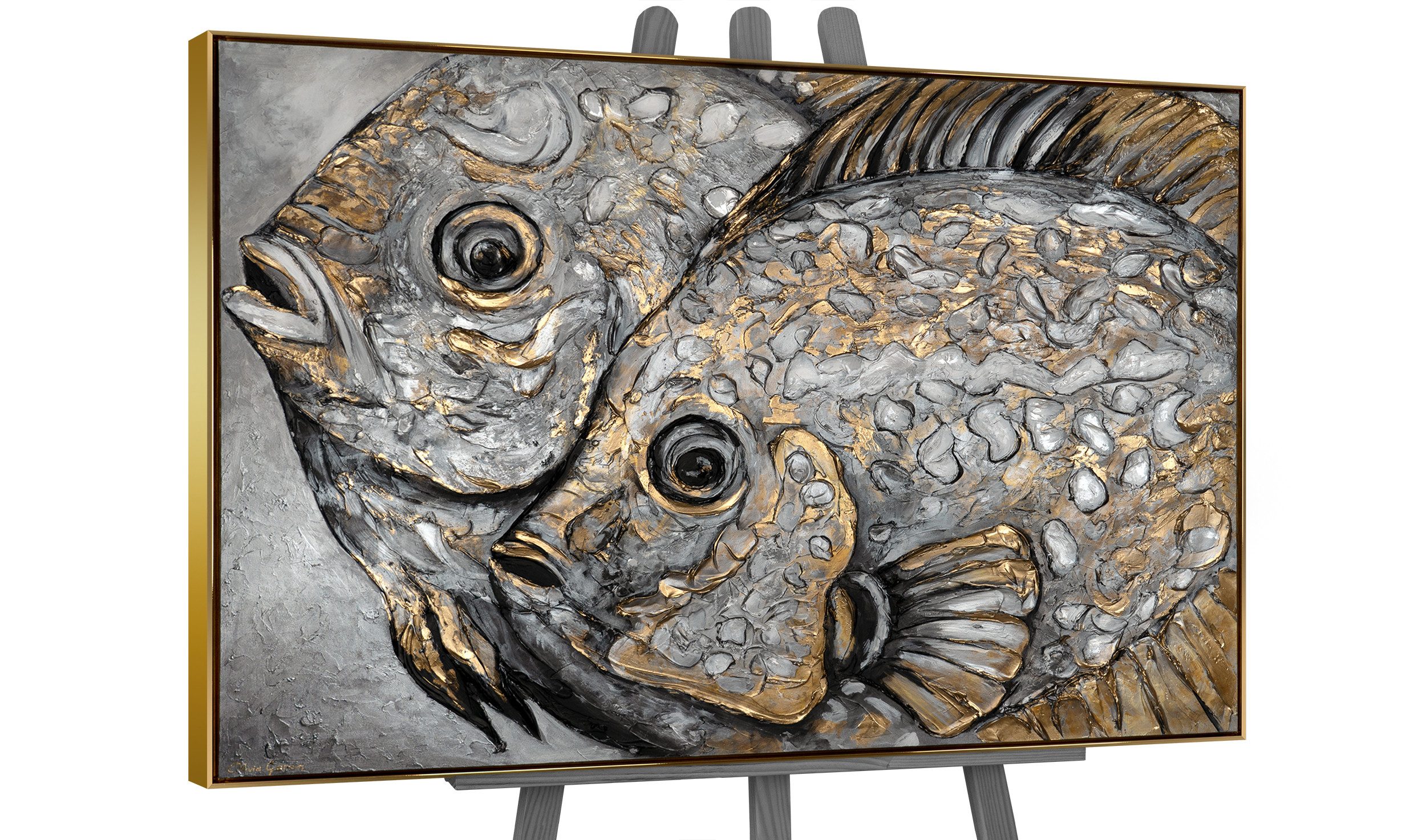 YS-Art Gemälde Magische Fische, Tier, Gold Silbernes Leinwandbildvon zwei Fischen gerahmt