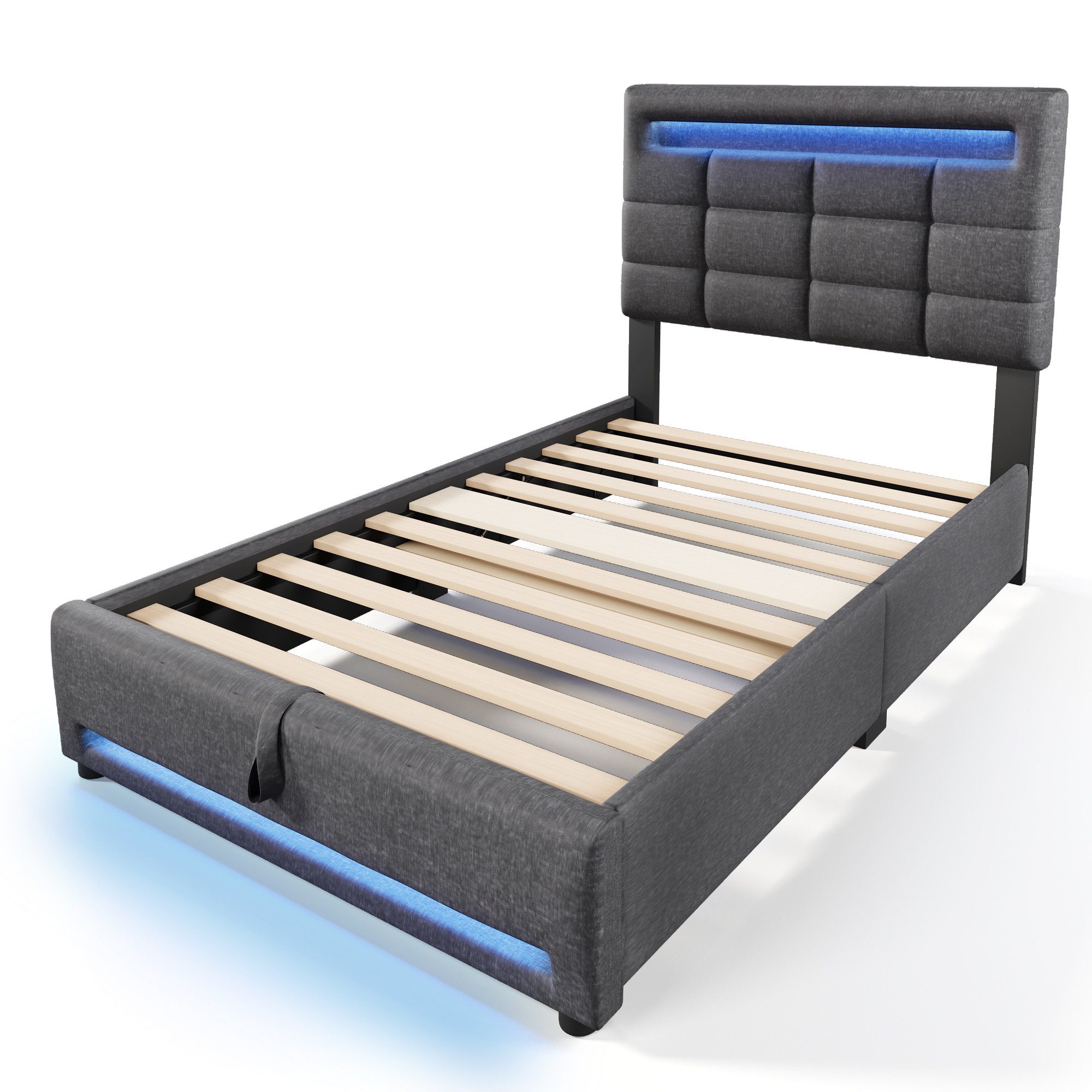 MC Star Polsterbett 90*200cm, APP-Fernbedienung, Mit LED-Leuchten, hydraulische Lagerung (ohne Matratze, Mit USB-Buchse, Leinen)