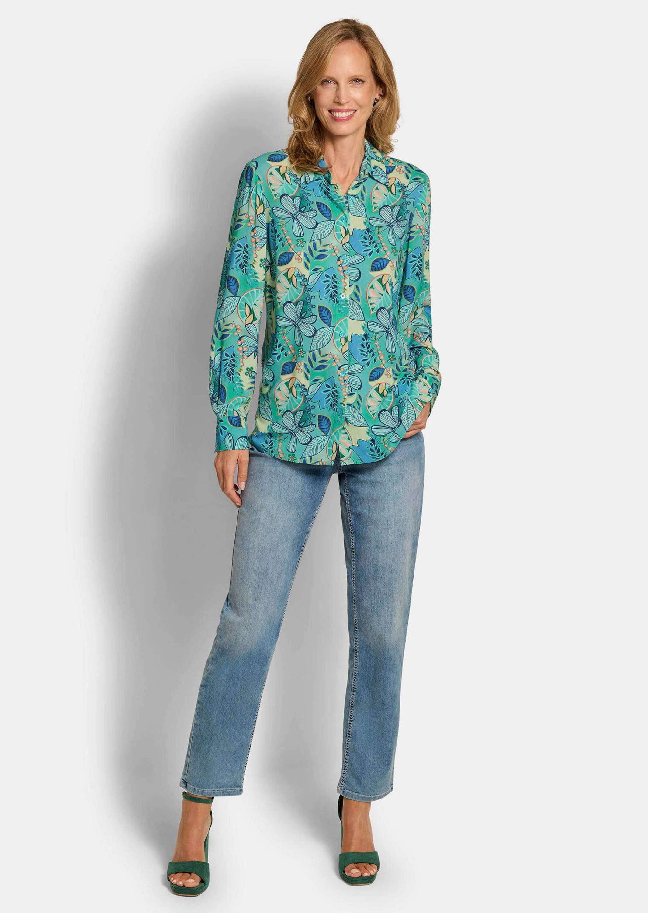 GOLDNER Kurzarmbluse Kurzgröße: Blusenshirt mit floralem Print Viskosebluse mit Hemdkragen, Knopfleiste und Langarm