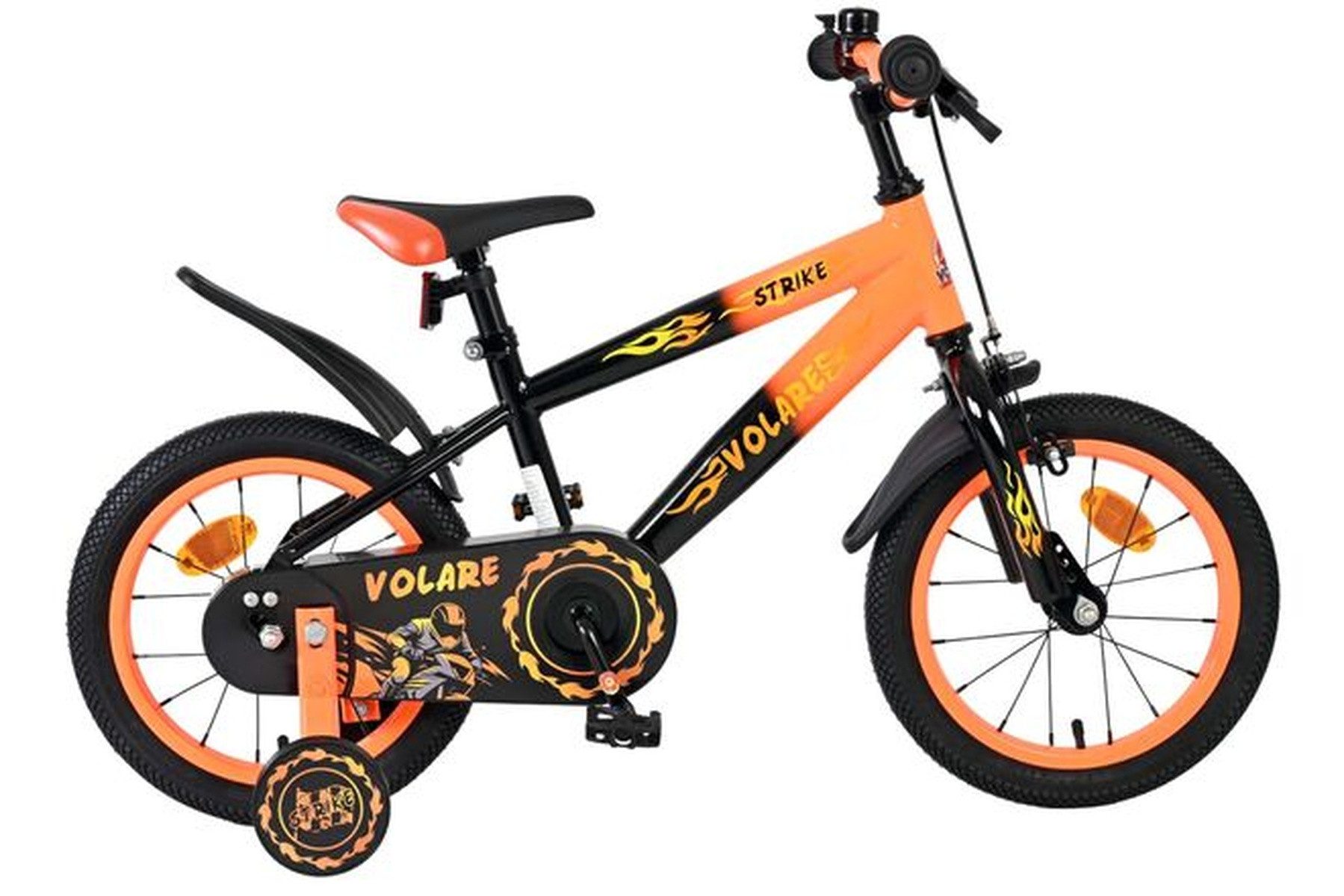 Kinderfahrrad Strike 14 Zoll Jungen - Schwarz/Orange, Rücktritt- & Handbremse