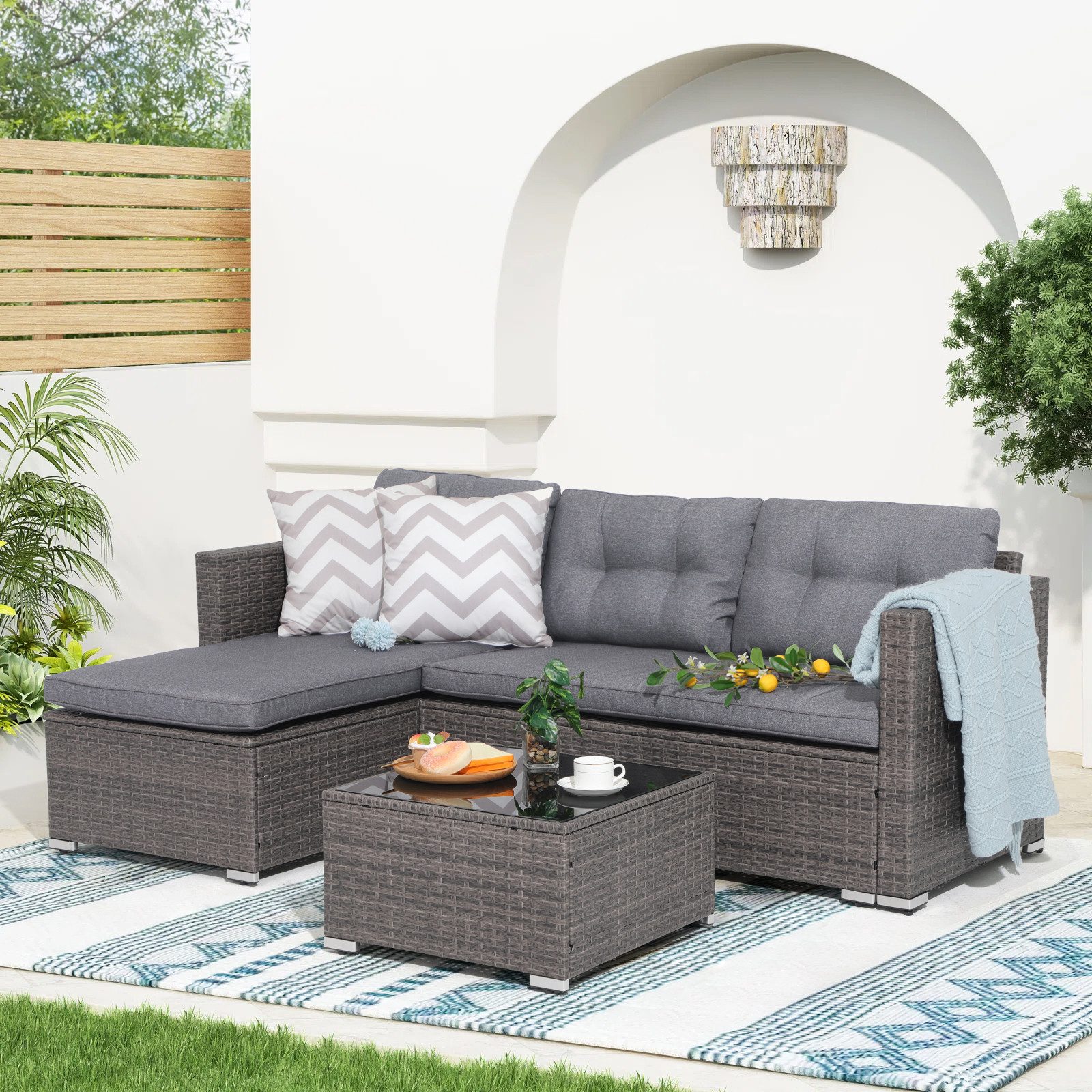 JOIVI Gartenlounge-Set 3-tlg Gartenlounge Set, Gartensofa Set mit Couchtisch, (Outdoor Sitzgruppe für 3-4 Personen, Wetterfest&Stabil,Sitzecke für Garten, Terrasse, Hinterhof, Balkon), Grau Rattan&Grau Kissen