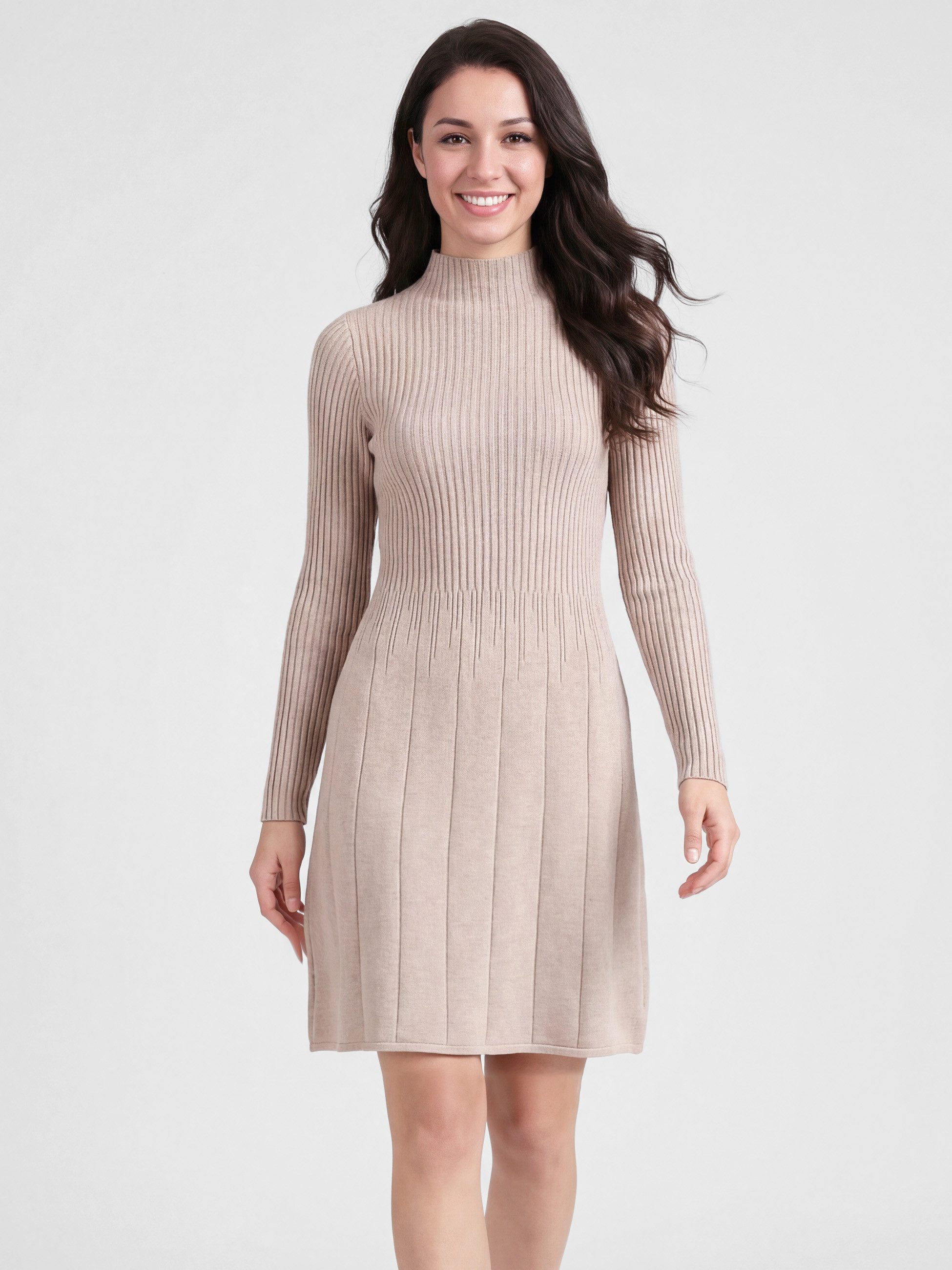 PEKIVESSA Strickkleid Kurzes Rippstrick-Kleid tailliert mit ausgestelltem Rockteil