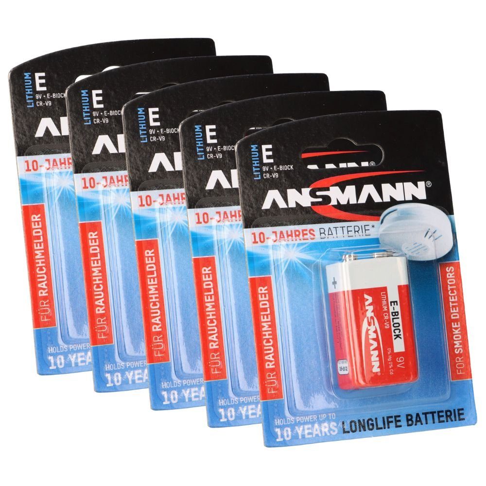 ANSMANN® 5x Ansmann Rauchmelder Batterie Extreme Lithium 9V Block Batterie