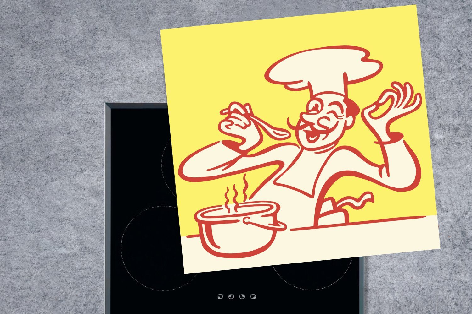 MuchoWow Herdblende-/Abdeckplatte Eine Vinyl, Illustration probiert, eines Kochs, für cm, der küche Arbeitsplatte (1 Ceranfeldabdeckung, Essen das tlg), 78x78