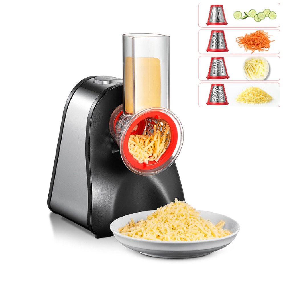 FOHERE Gemüsehobel 4 in 1 Elektrischer Gemüseschneider mit 4 Konischen Klingen, 200W, Kunststoff, Edelstahl, Ein-Knopf-Bedienung, Platzsparendes Design