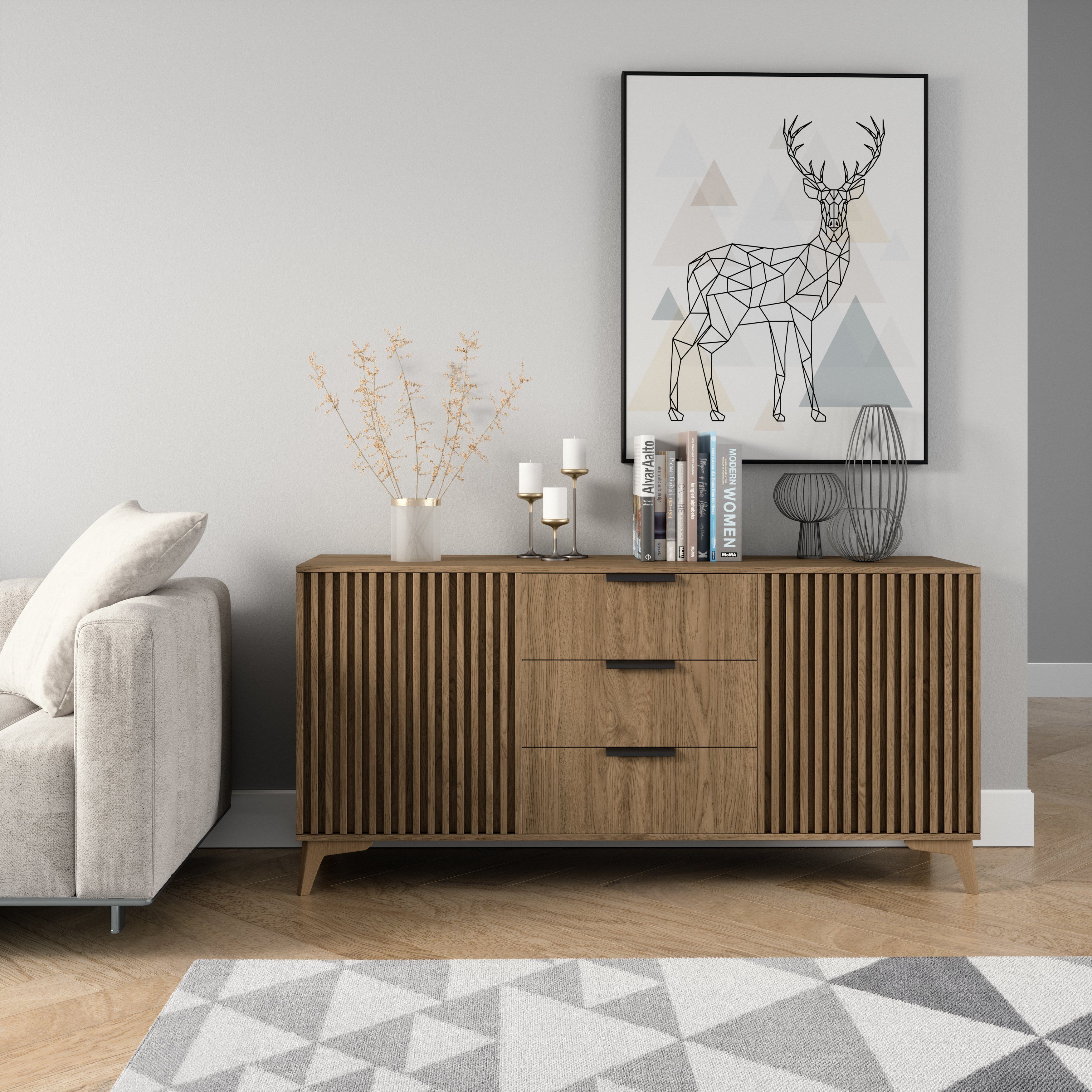 MOEBLO Kommode Entia (150cm, Eiche Artisan, Lamellenfront, 3 Schubladen), (HxTxB):72x40x150 cm