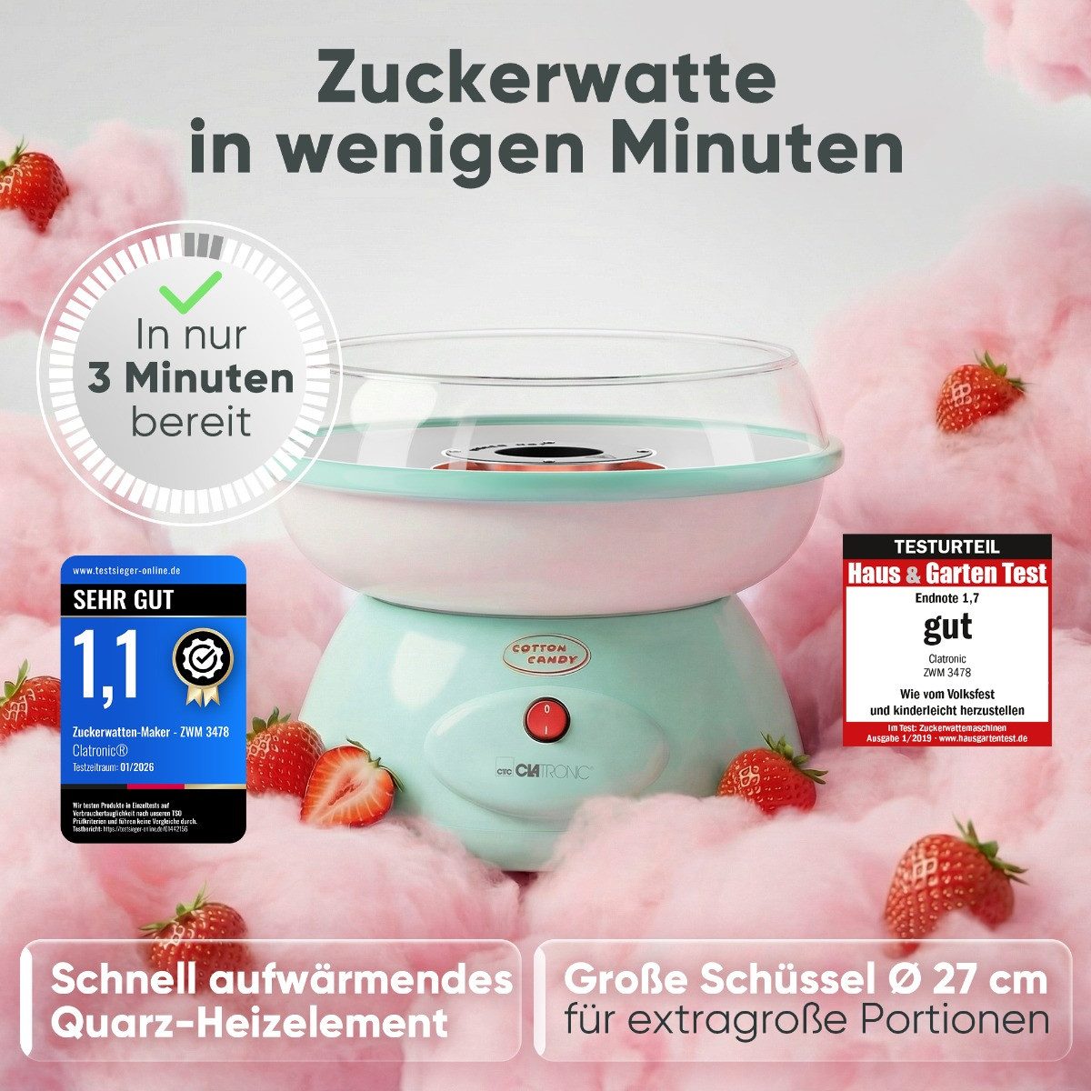 CLATRONIC Zuckerwattemaschine ZWM 3478, Zuckerwattemaschine für Zuckerwatte in Minuten