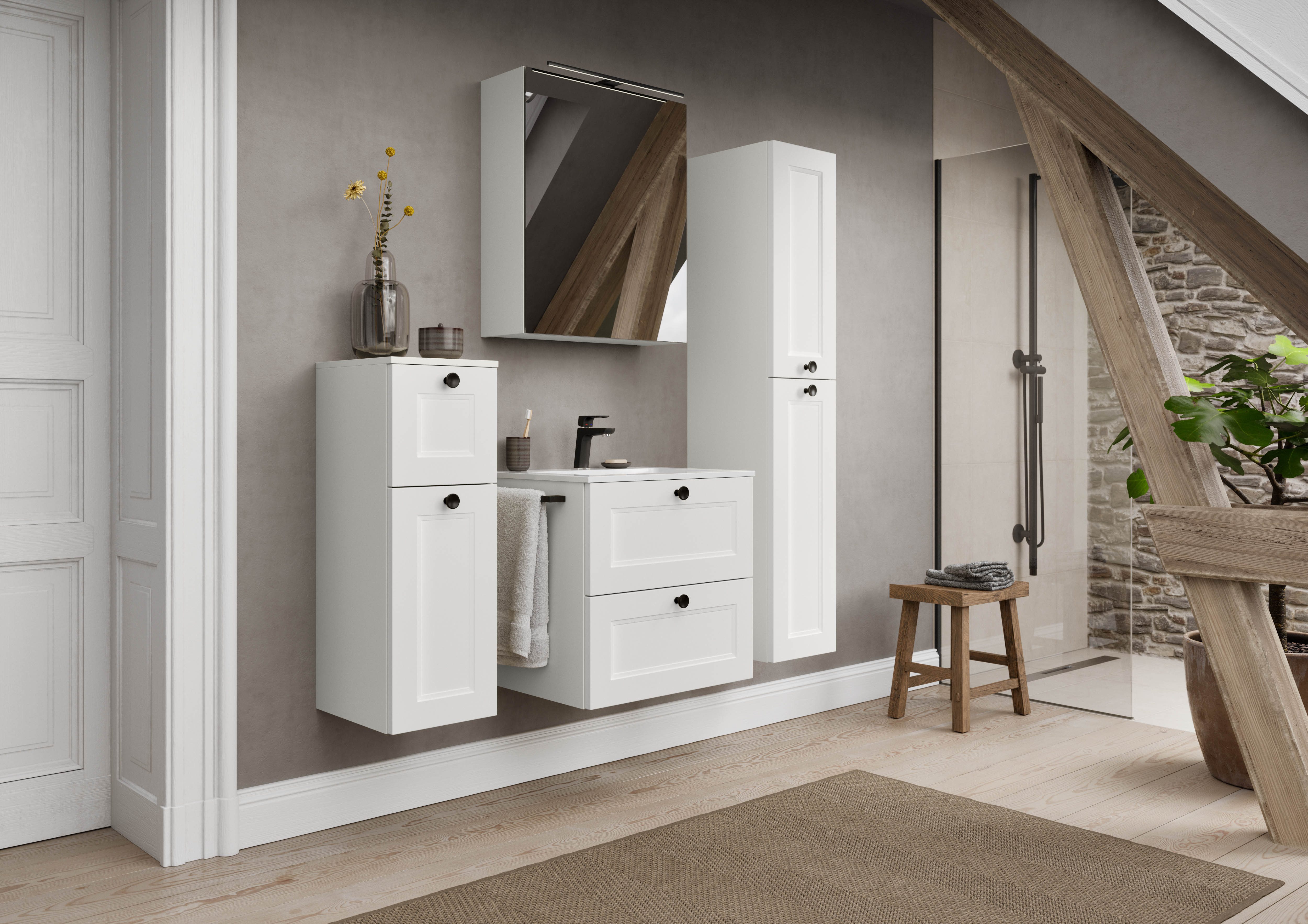 nobilia® Badmöbel-Set Cascada, (Set, 2-St., mit Waschbecken, inkl. Spiegelschrank mit Beleuchtung), vormontiert, mit Soft-Close, in vier Breiten