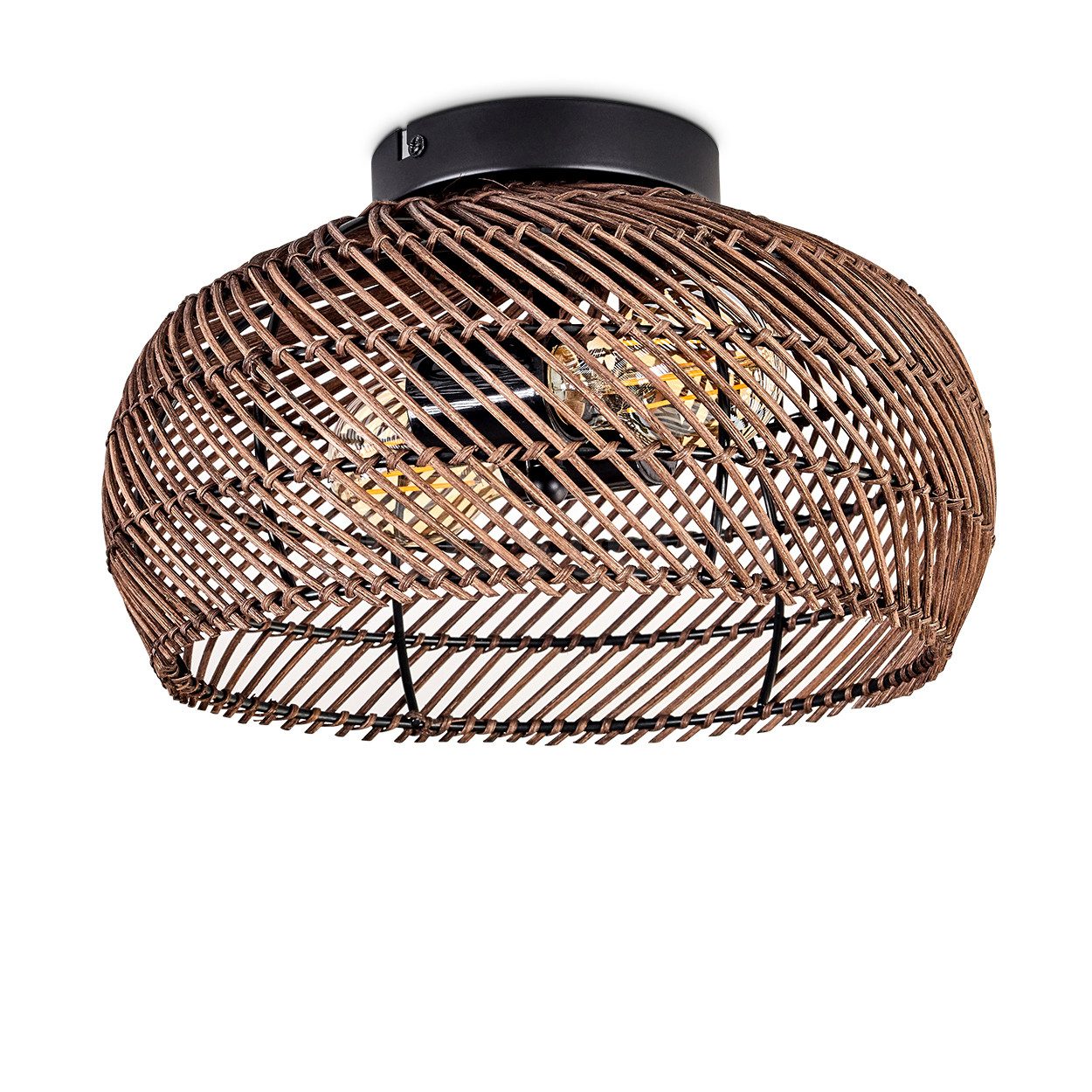 hofstein Deckenleuchte moderne Deckenlampe aus Metall/Rattan in Schwarz/Dunkelbraun, ohne Leuchtmittel, Boho-Design Deckenleuchte,Lichteffekt, Ø30cm, 3xE27, ohne Leuchtmittel
