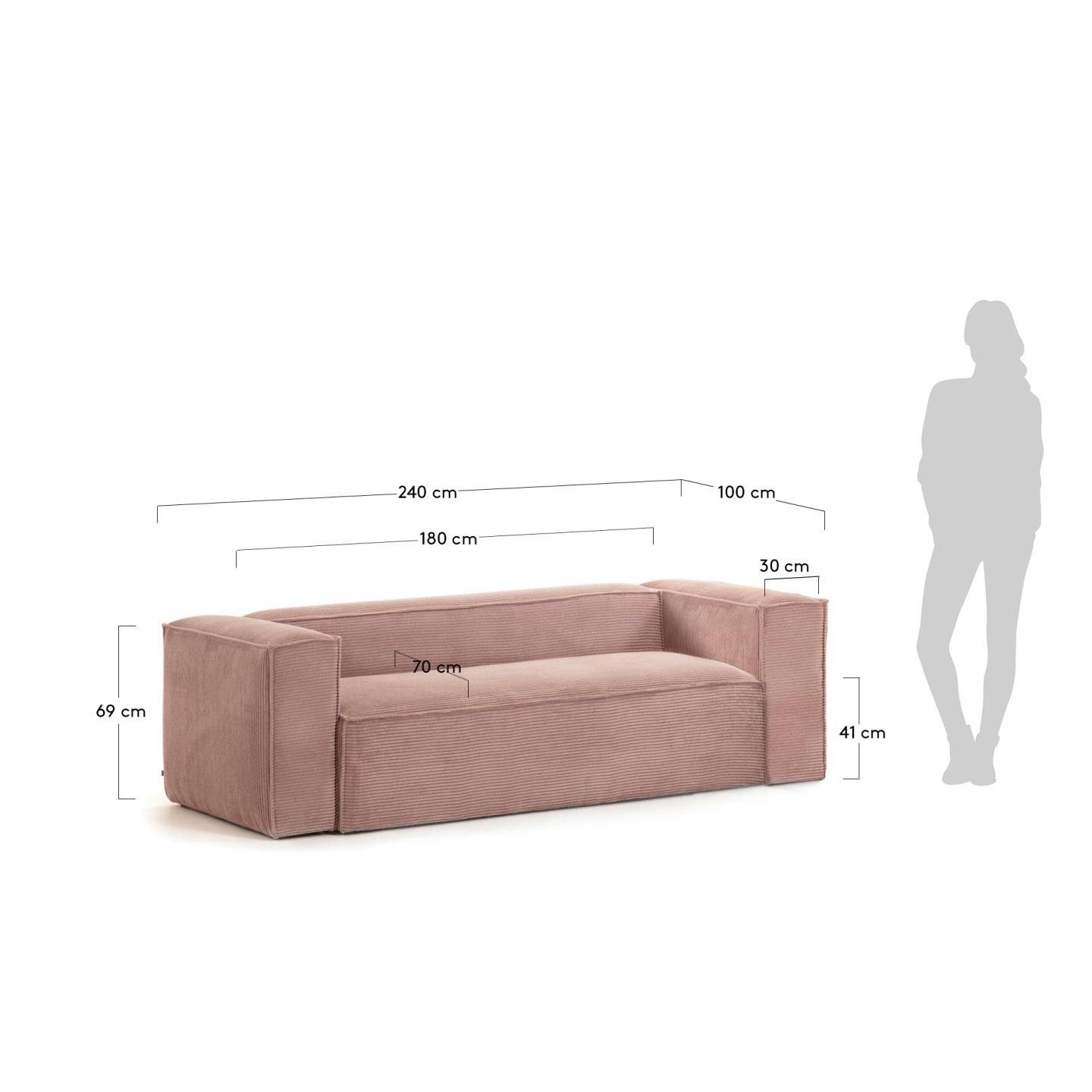 Sofa 240cm Couch Natur24 Sitzgarnitur 3-Sitzer rosa Kord Blok Sofa