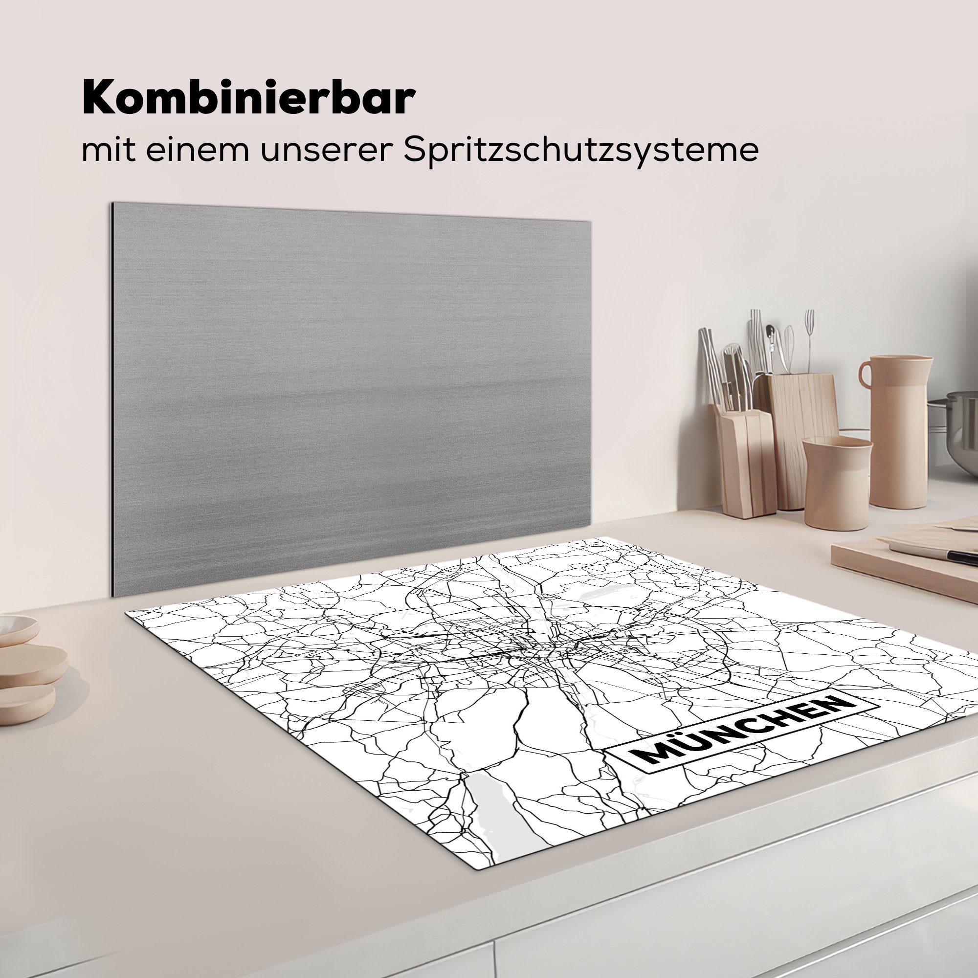 Arbeitsplatte Herdblende-/Abdeckplatte - küche Vinyl, für 78x78 (1 - München tlg), MuchoWow Ceranfeldabdeckung, Karte, cm, Stadtplan