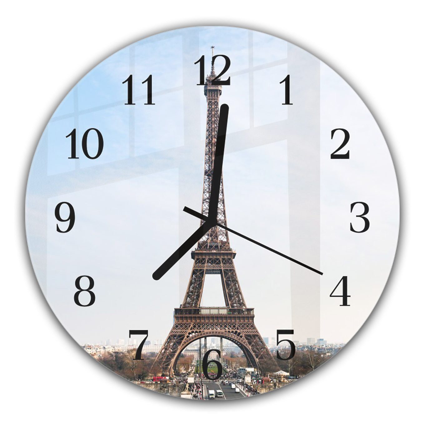 Rund und Wanduhr Quarzuhrwerk mit Durchmesser aus Primedeco cm Glas Wanduhr mit Eiffelturm 30 Motiv - am Tag