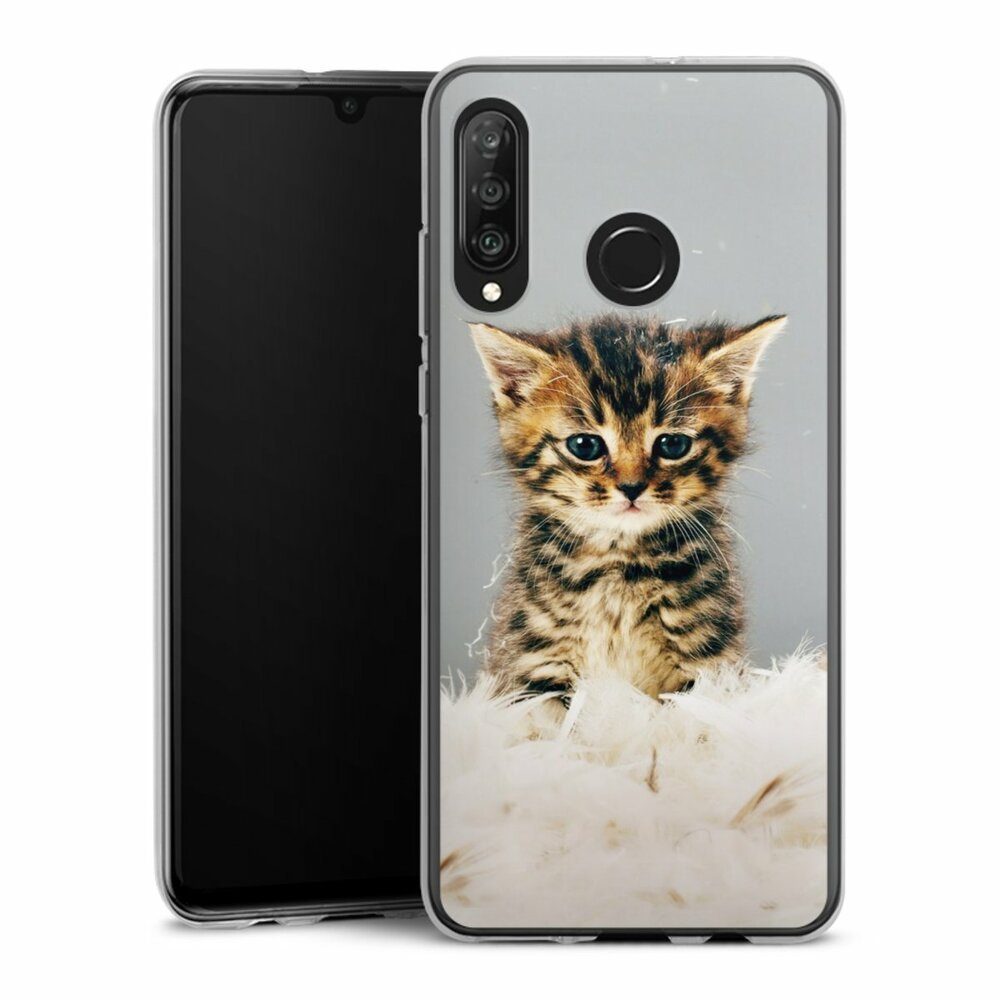 DeinDesign Handyhülle Katze Haustier Feder Kitty, Huawei P30 Lite Premium Silikon Hülle Bumper Case Handy Schutzhülle