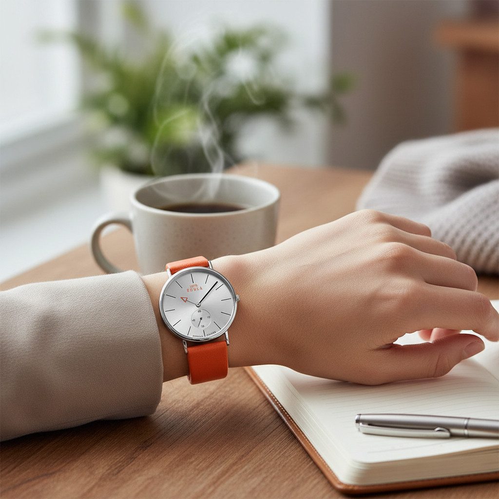 UMR Ruhla Quarzuhr Style Damenuhr 30168-1 Silbern Lederband Orange 40 mm