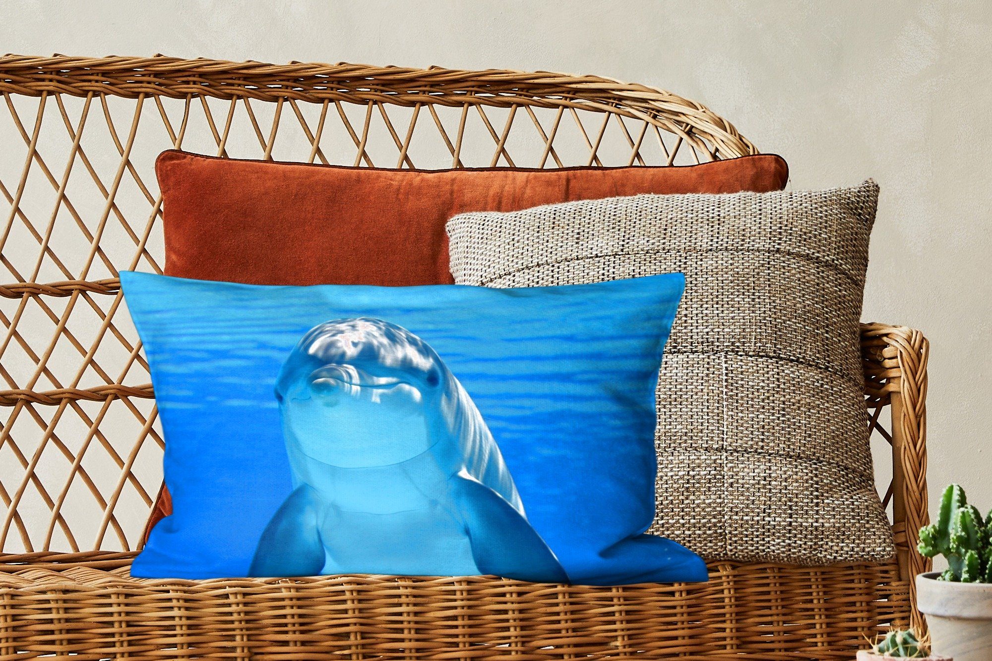 MuchoWow Wohzimmer mit Füllung, Zierkissen, - Schlafzimmer - Dekokissen Delfin Wasser Dekokissen Blau, Dekoration,