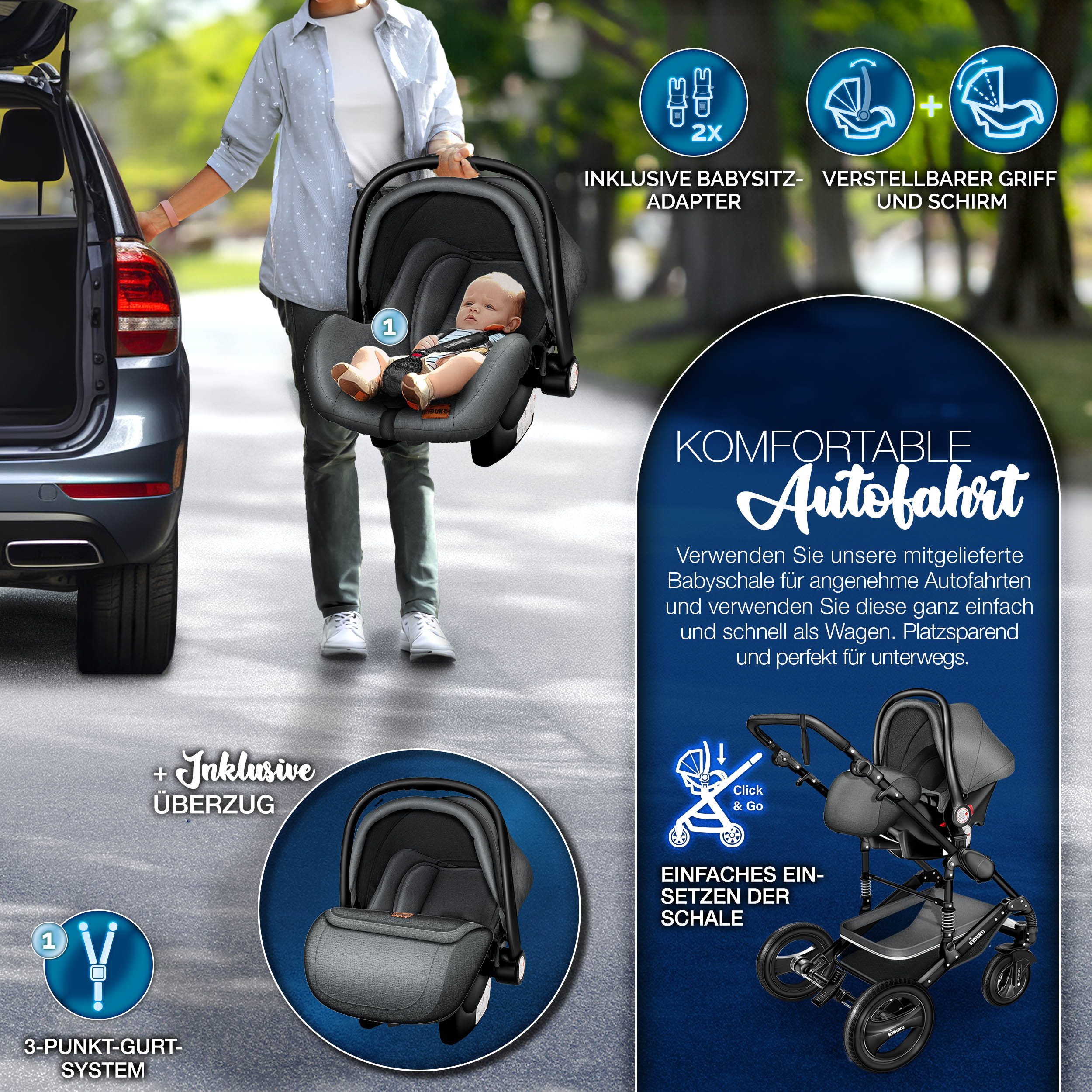 KIDUKU Kombi-Kinderwagen KIDUKU® 3 in 1 Kombi-Kinderwagen Buggy Reisebuggy inkl. Auto- Babyscha, Kindertisch