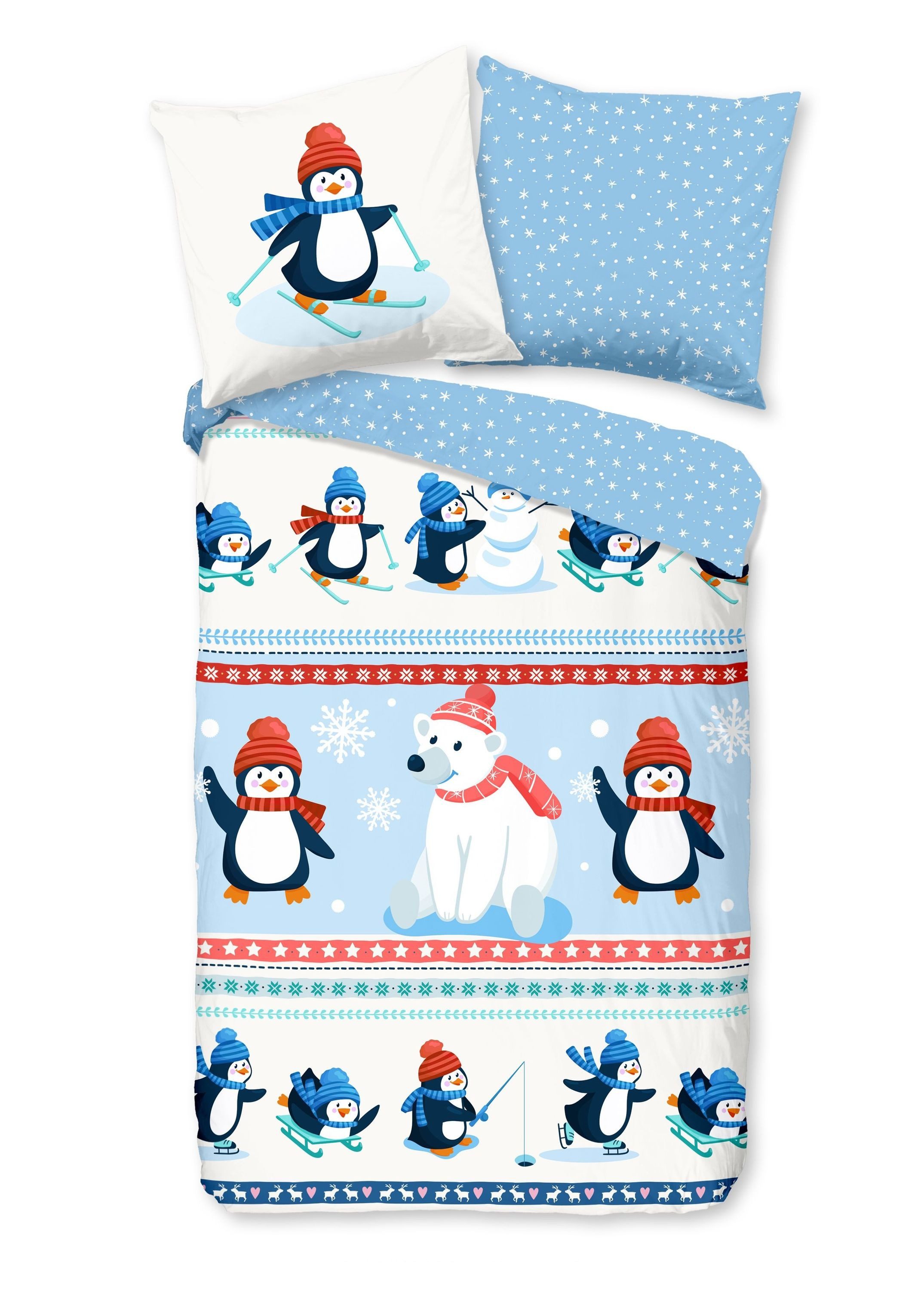 Traumschloss Bettwäsche Comfort Baumwolle, Flanell, 2 teilig, Pinguine und Eisbär im Winterland, Schneeflocken